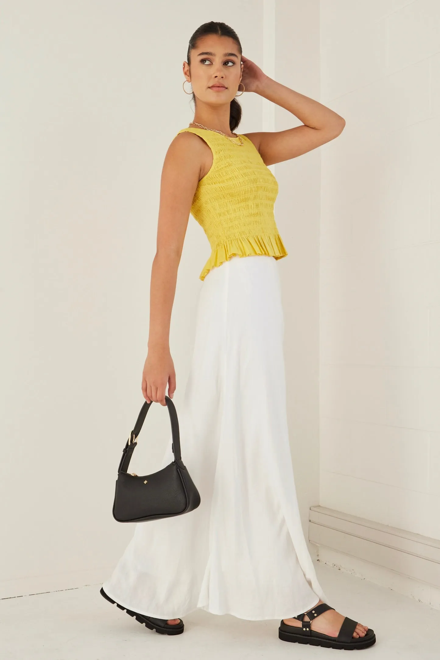 Assertive Sunshine Yellow Shirred Poplin Sleeveless Shell Top