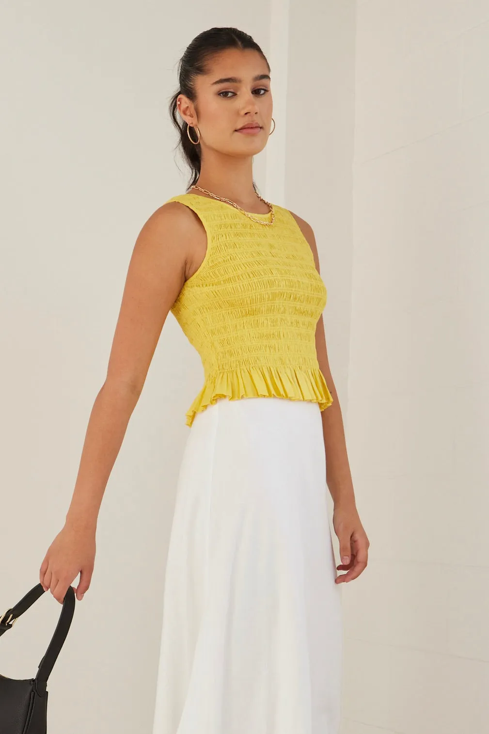 Assertive Sunshine Yellow Shirred Poplin Sleeveless Shell Top