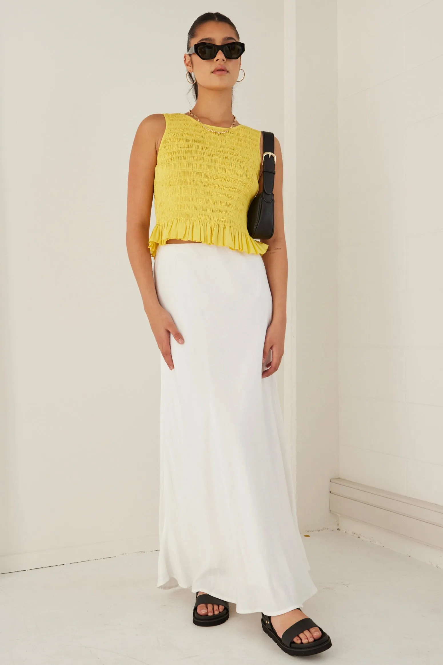 Assertive Sunshine Yellow Shirred Poplin Sleeveless Shell Top