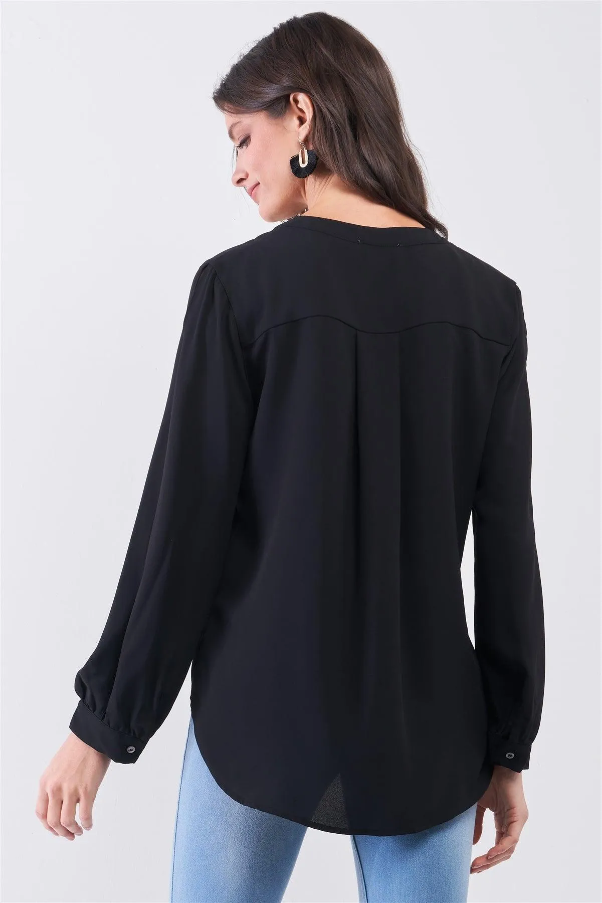 Black Asymmetrical Long Sleeve Button-Up Front Relaxed Shirt