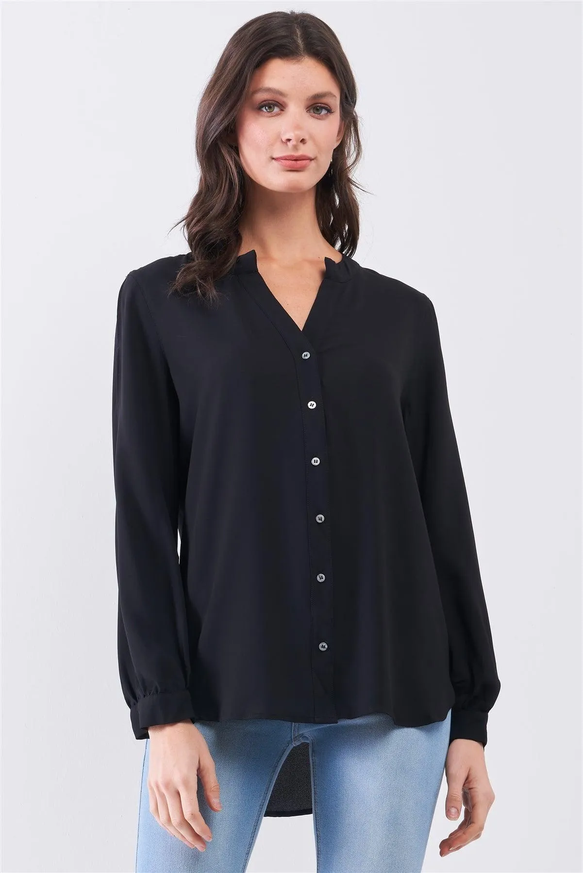 Black Asymmetrical Long Sleeve Button-Up Front Relaxed Shirt