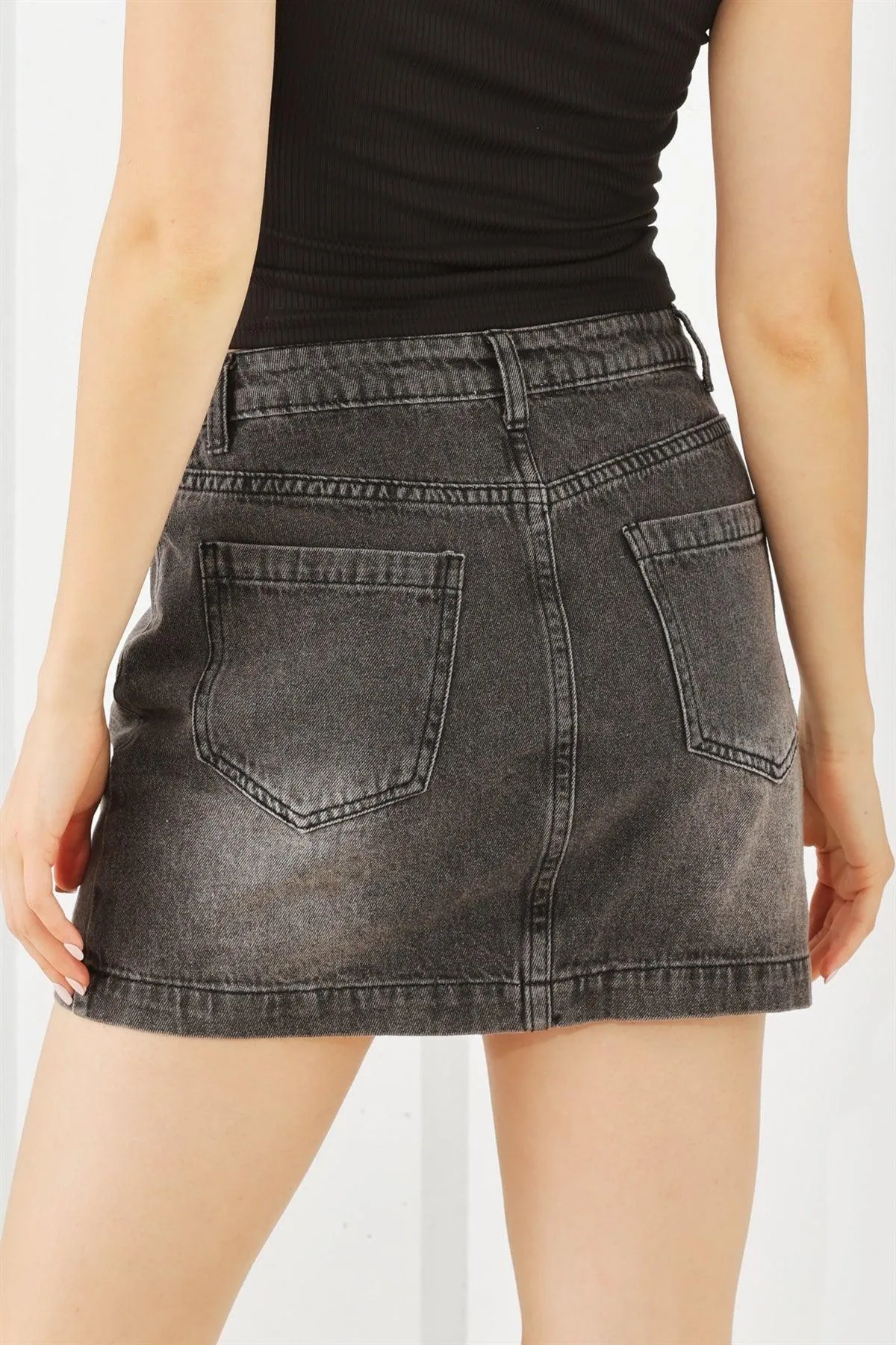 Black Denim Cotton Five Pocket High Waist Mini Skirt /3-2-1