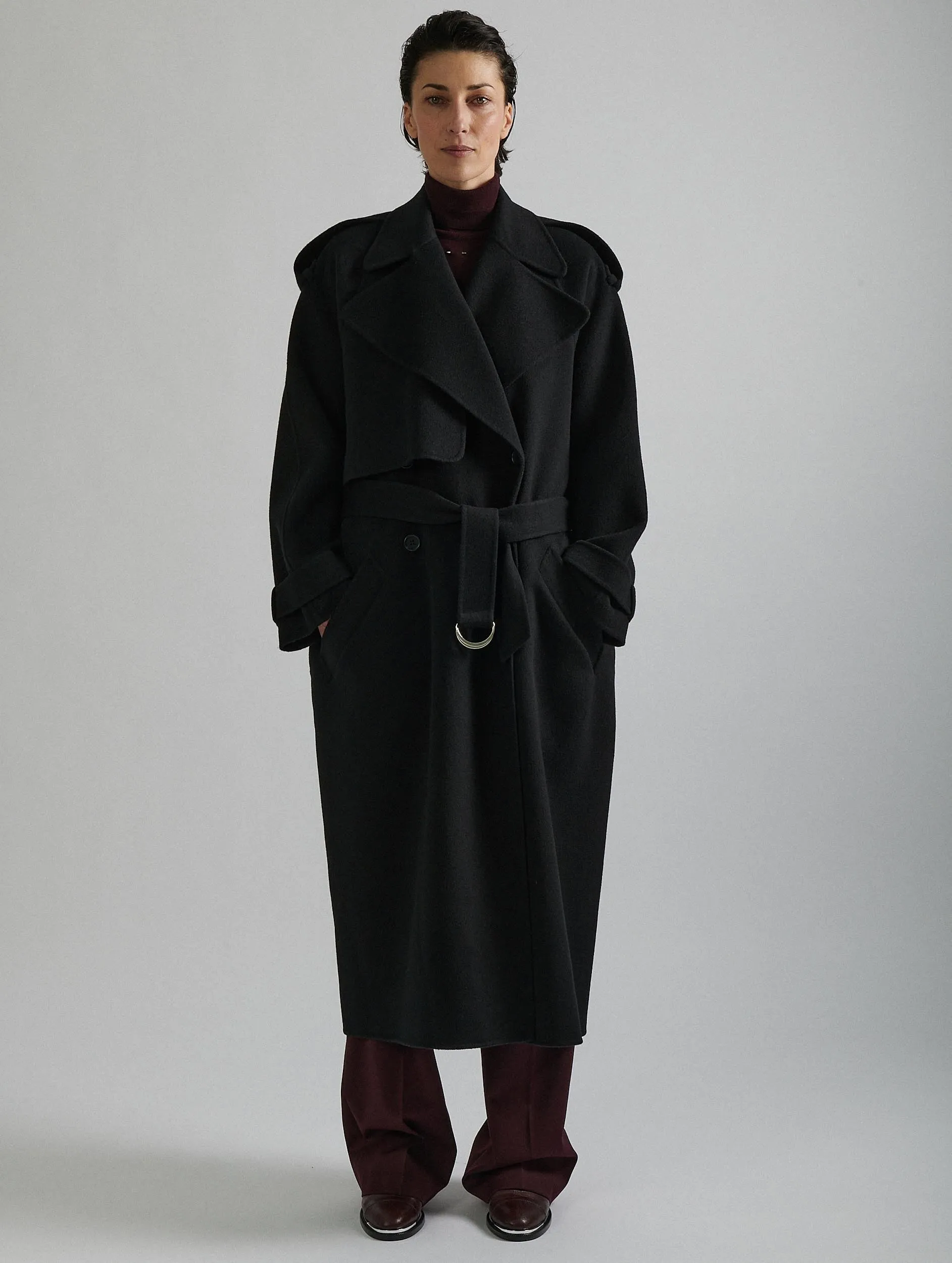 Black double-faced wool belted coat