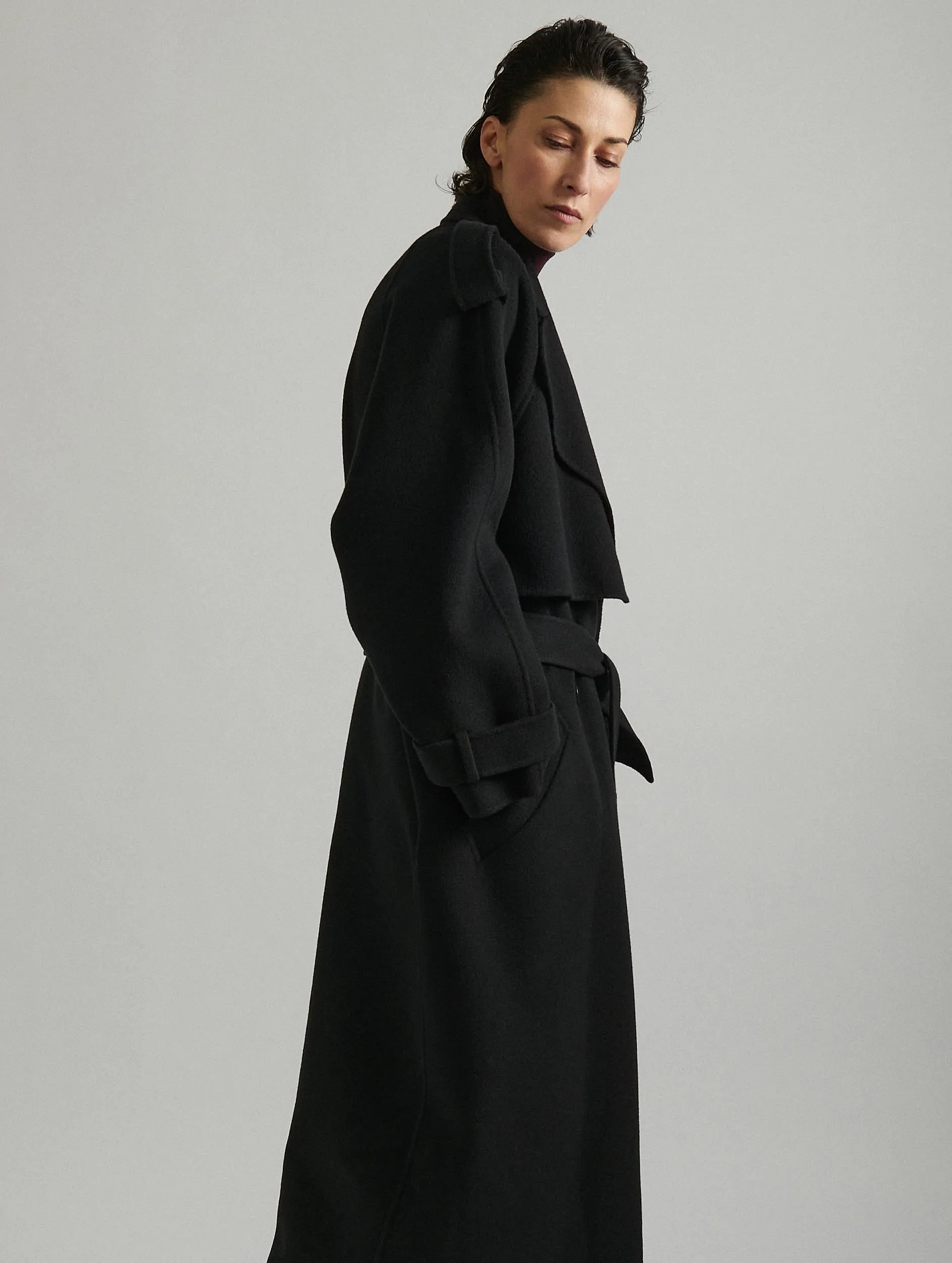 Black double-faced wool belted coat