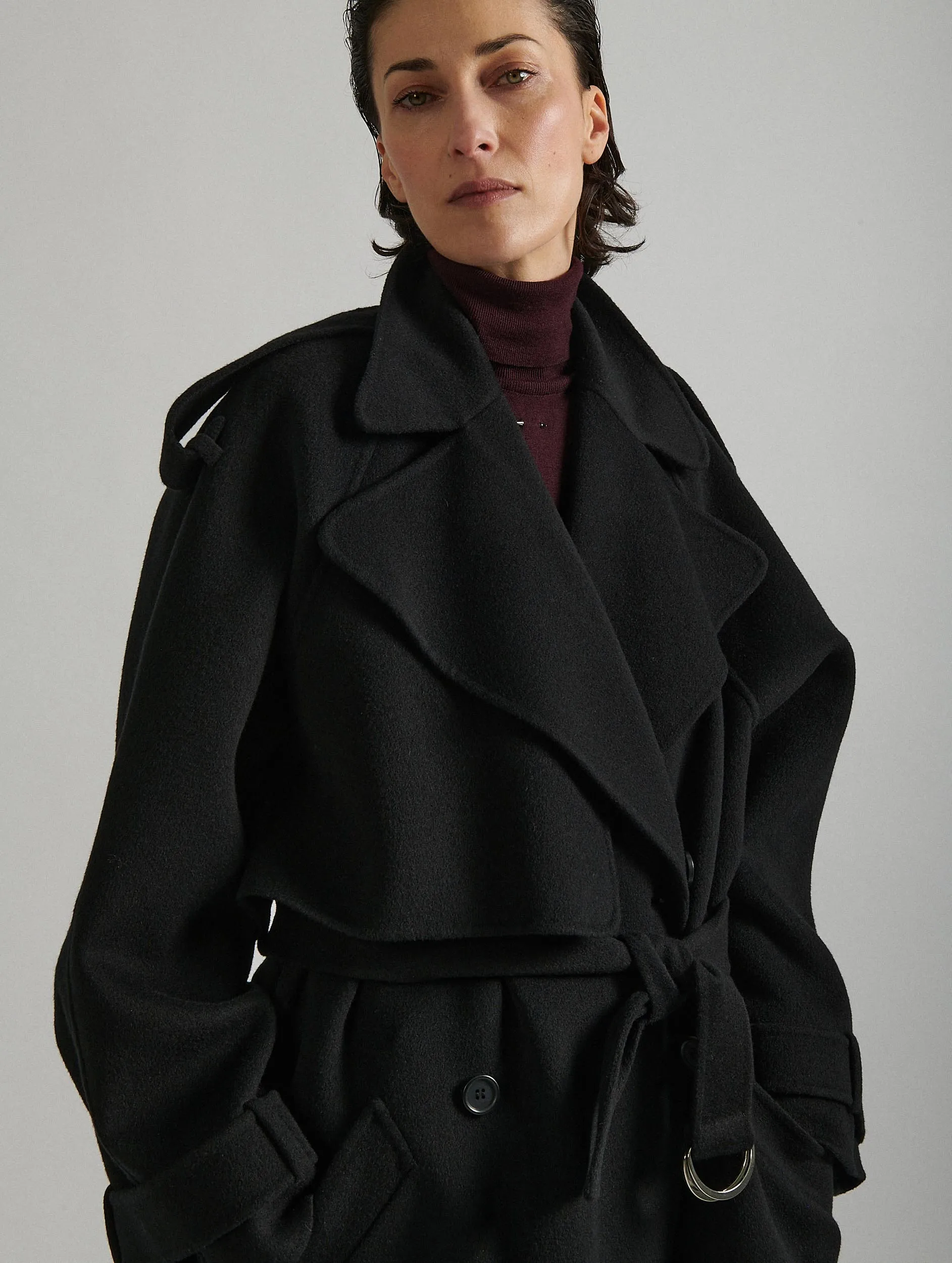 Black double-faced wool belted coat