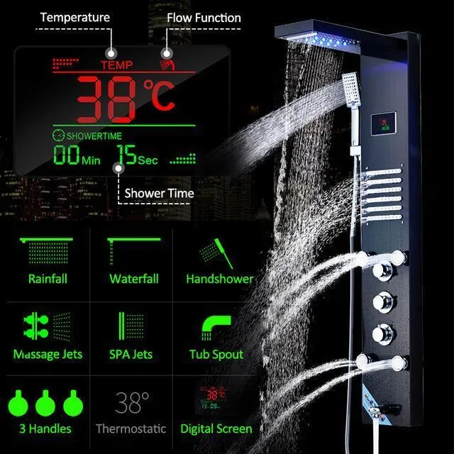 Black Panel LED Rain Shower with Waterproof Digital Temperature Screen