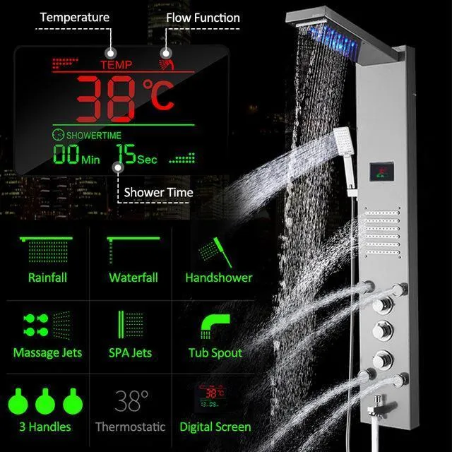 Black Panel LED Rain Shower with Waterproof Digital Temperature Screen