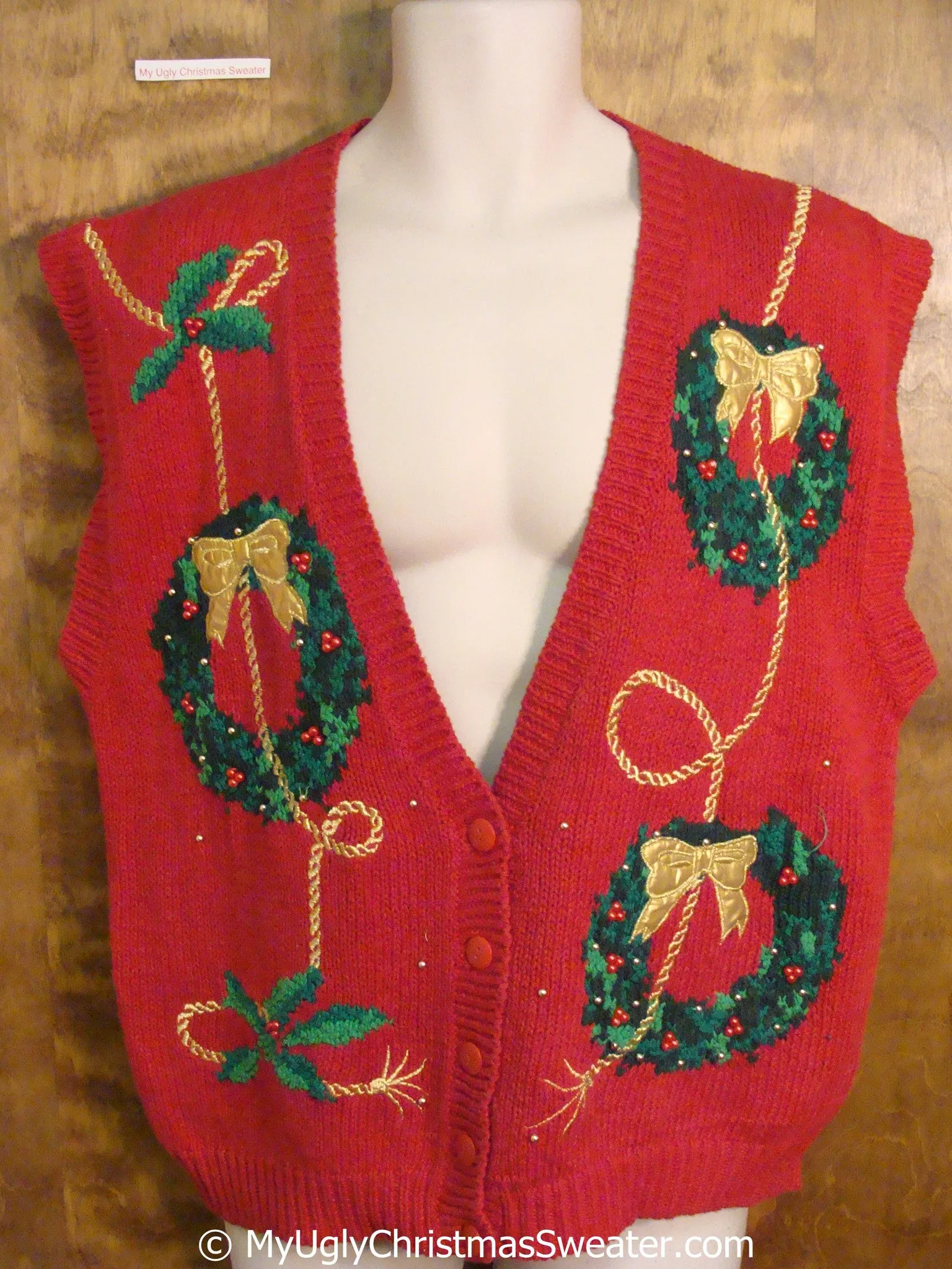 Cheap 80s Wreath Themed Christmas Sweater Vest