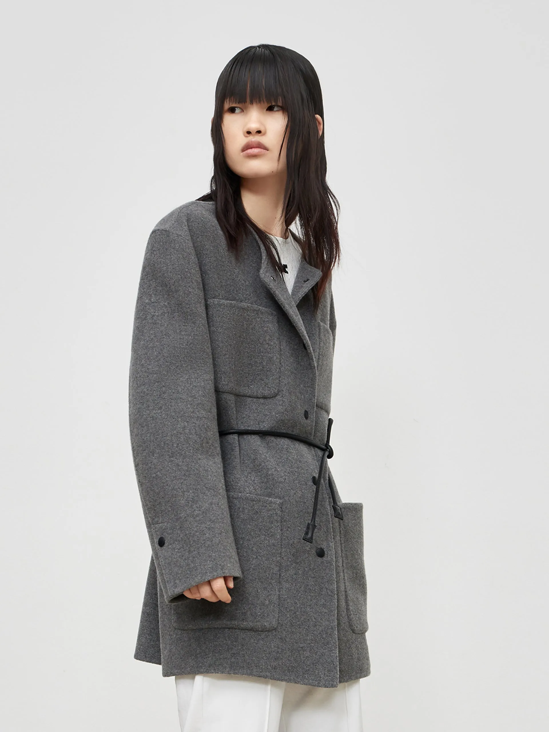 Collarless Coat in Wool