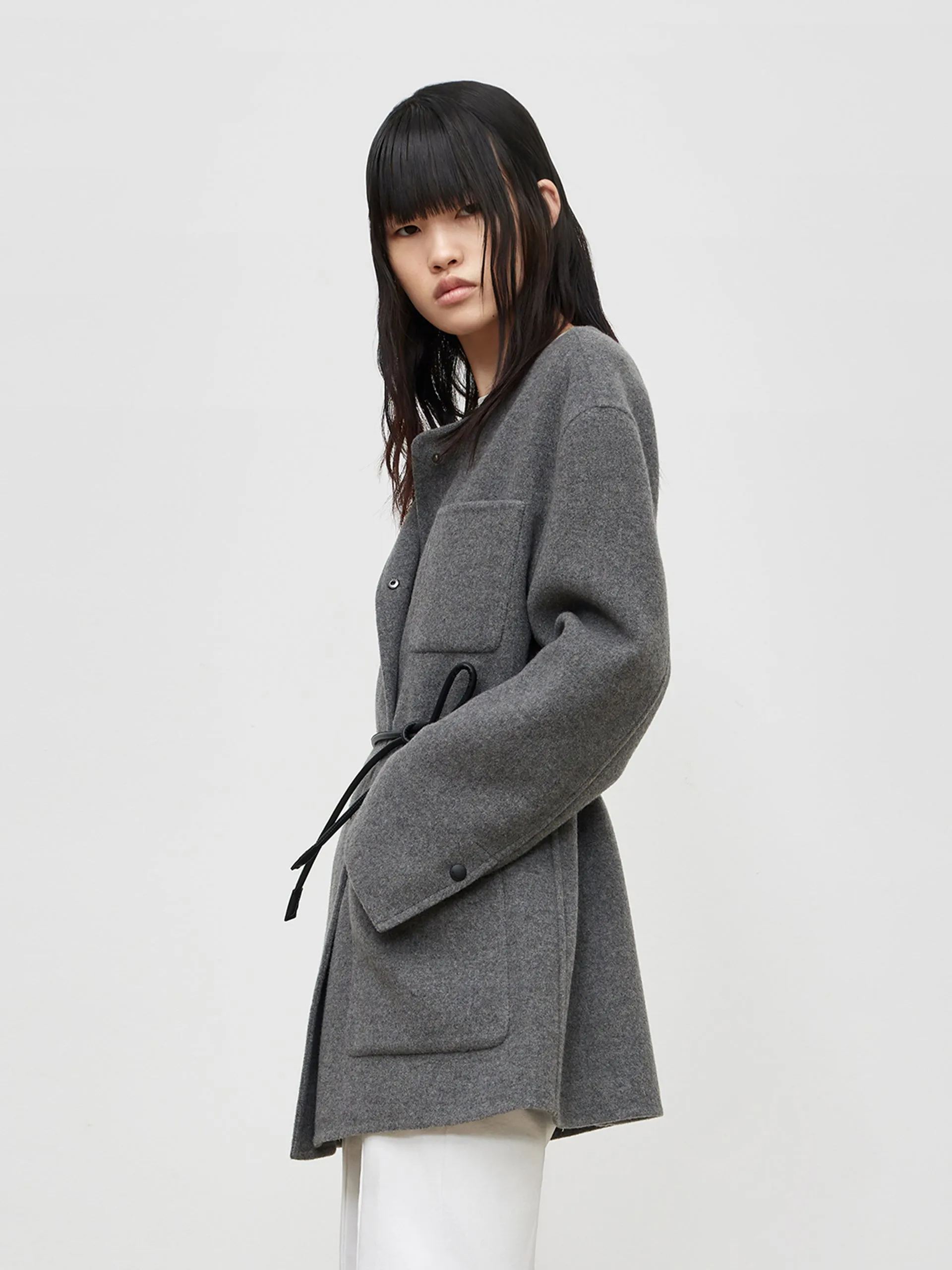 Collarless Coat in Wool