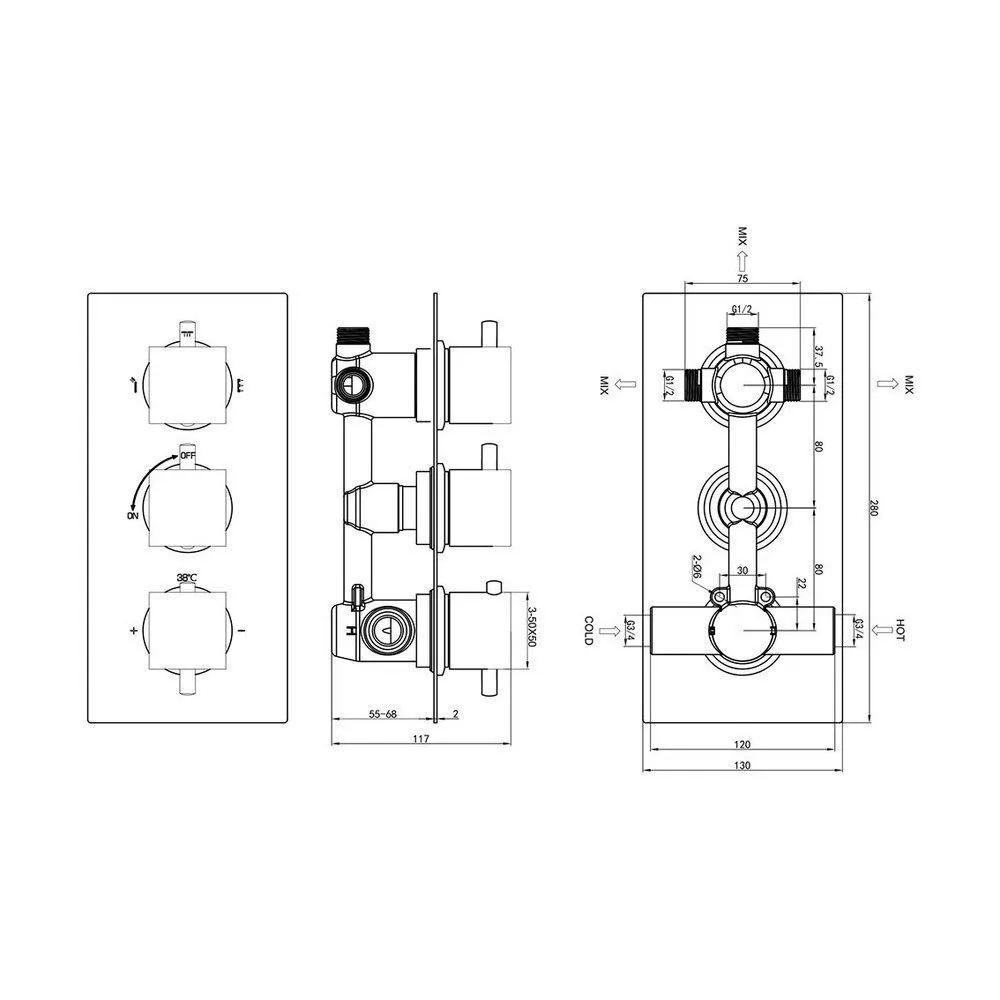 Concealed Thermostatic Mixer Control Valve with Three Handle Shower