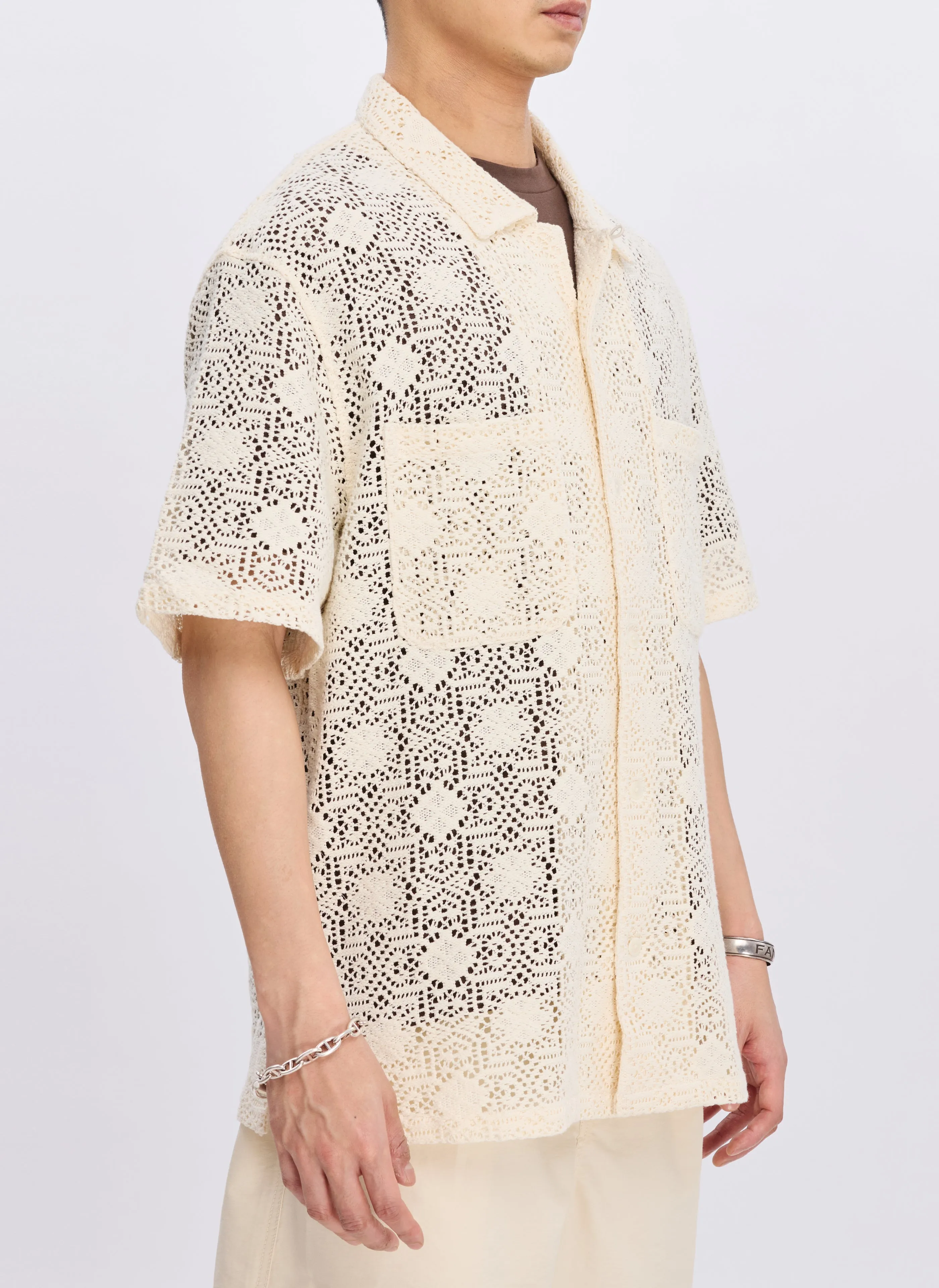 Cotton Lace Short Sleeve Open Collar Shir