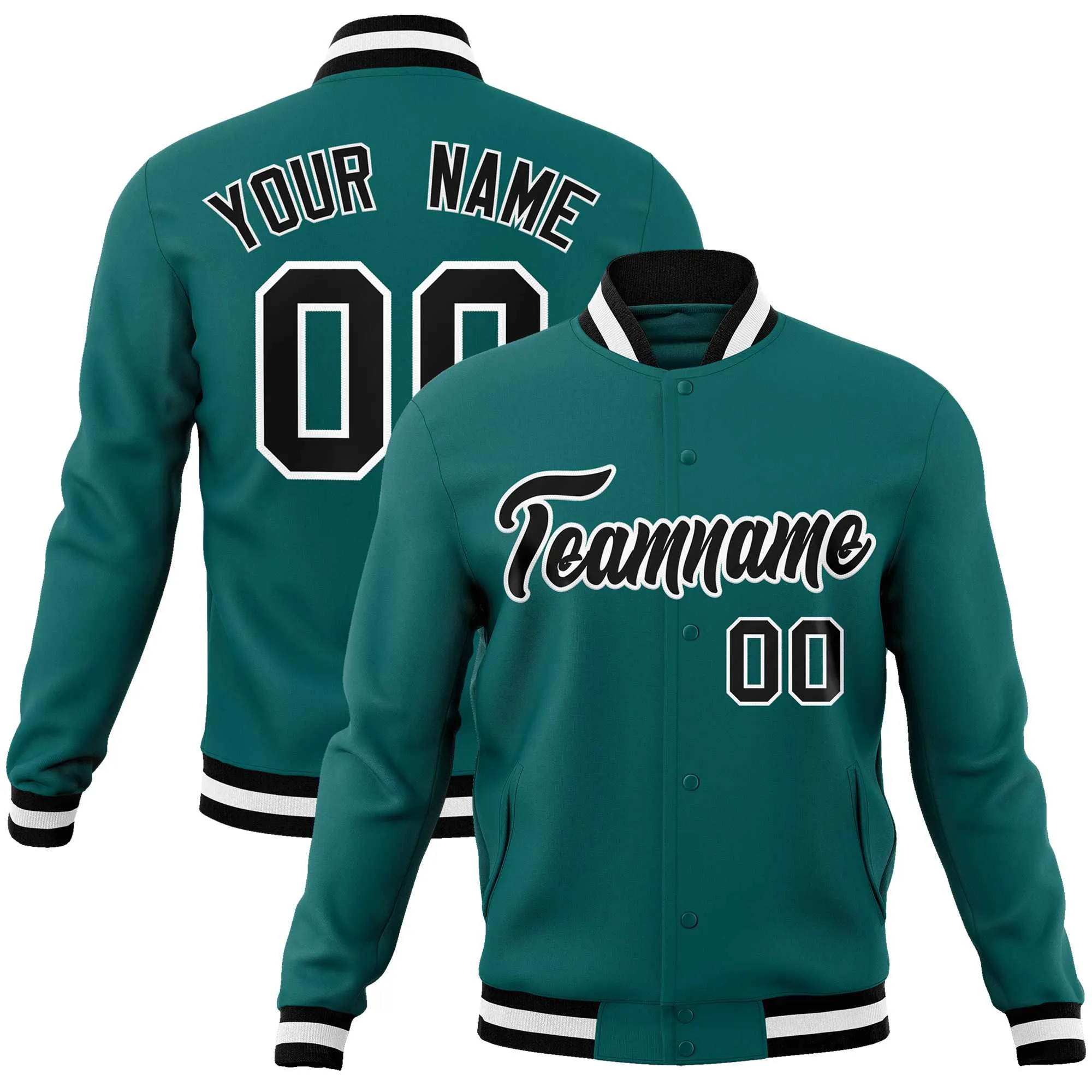 Custom Aqua Black-White Classic Style Varsity Full-Snap Letterman Jacket