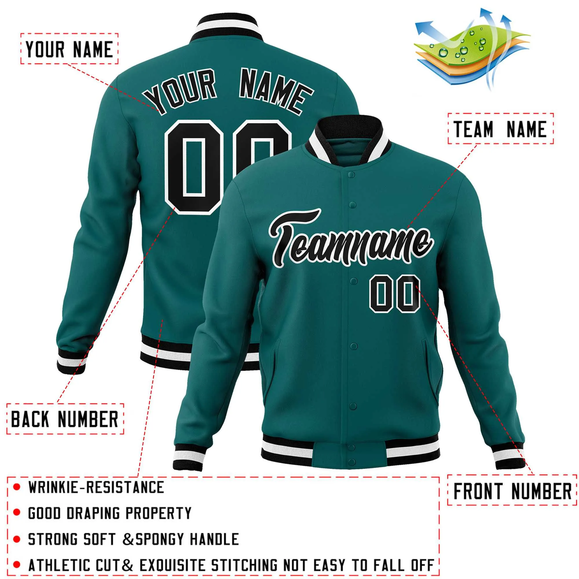 Custom Aqua Black-White Classic Style Varsity Full-Snap Letterman Jacket