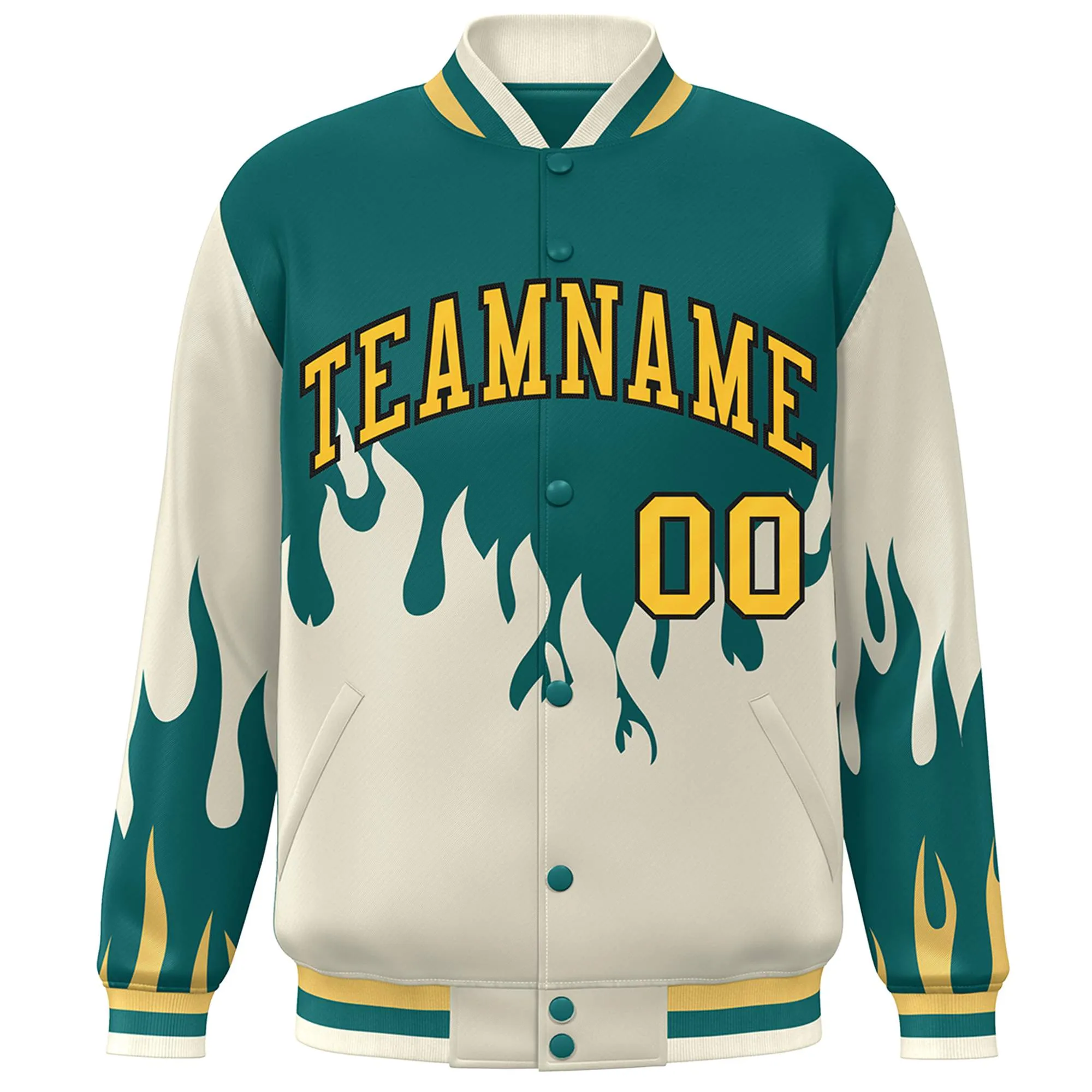 Custom Aqua Cream-Yellow Flame Graffiti Pattern Bomber Varsity Full-Snap Jacket