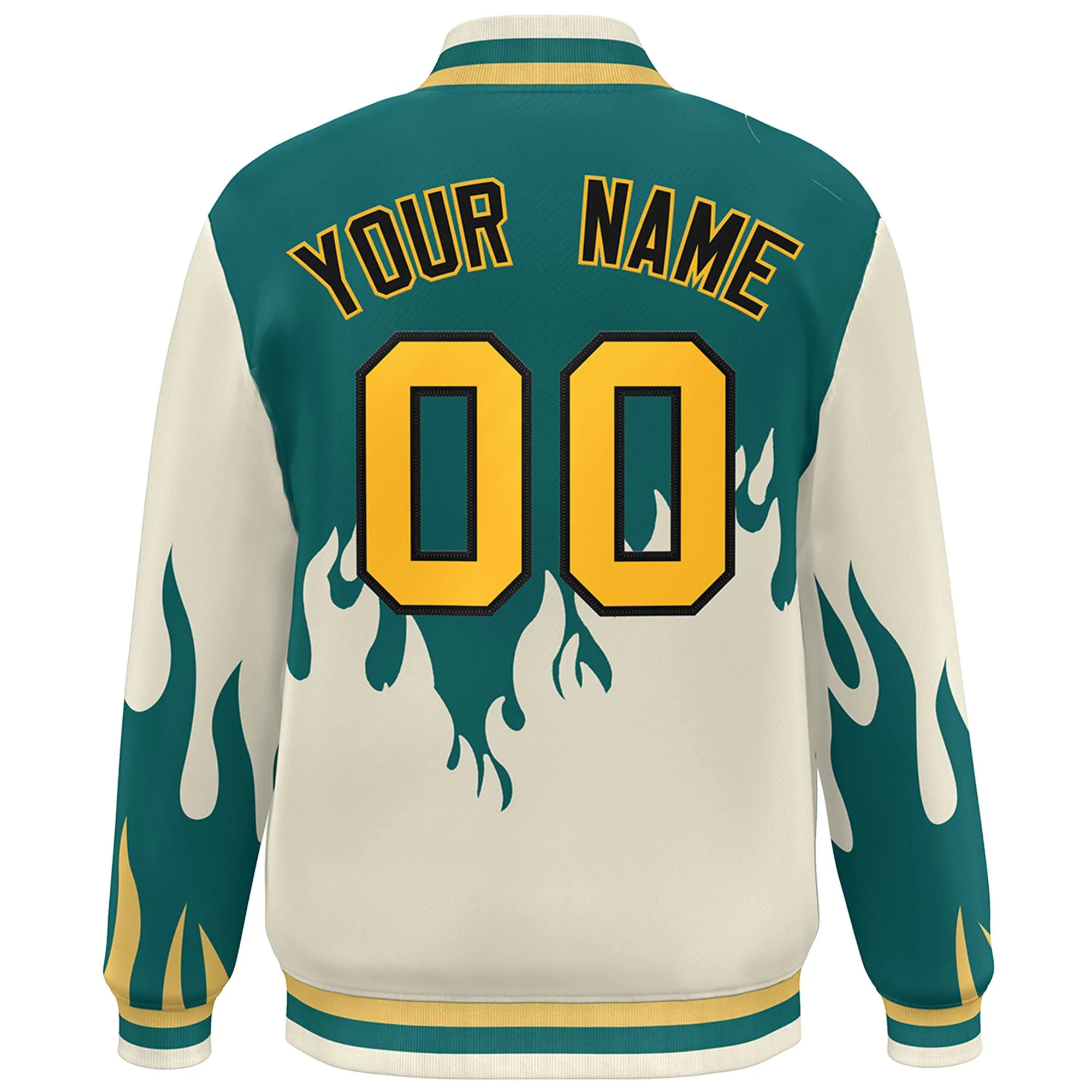 Custom Aqua Cream-Yellow Flame Graffiti Pattern Bomber Varsity Full-Snap Jacket