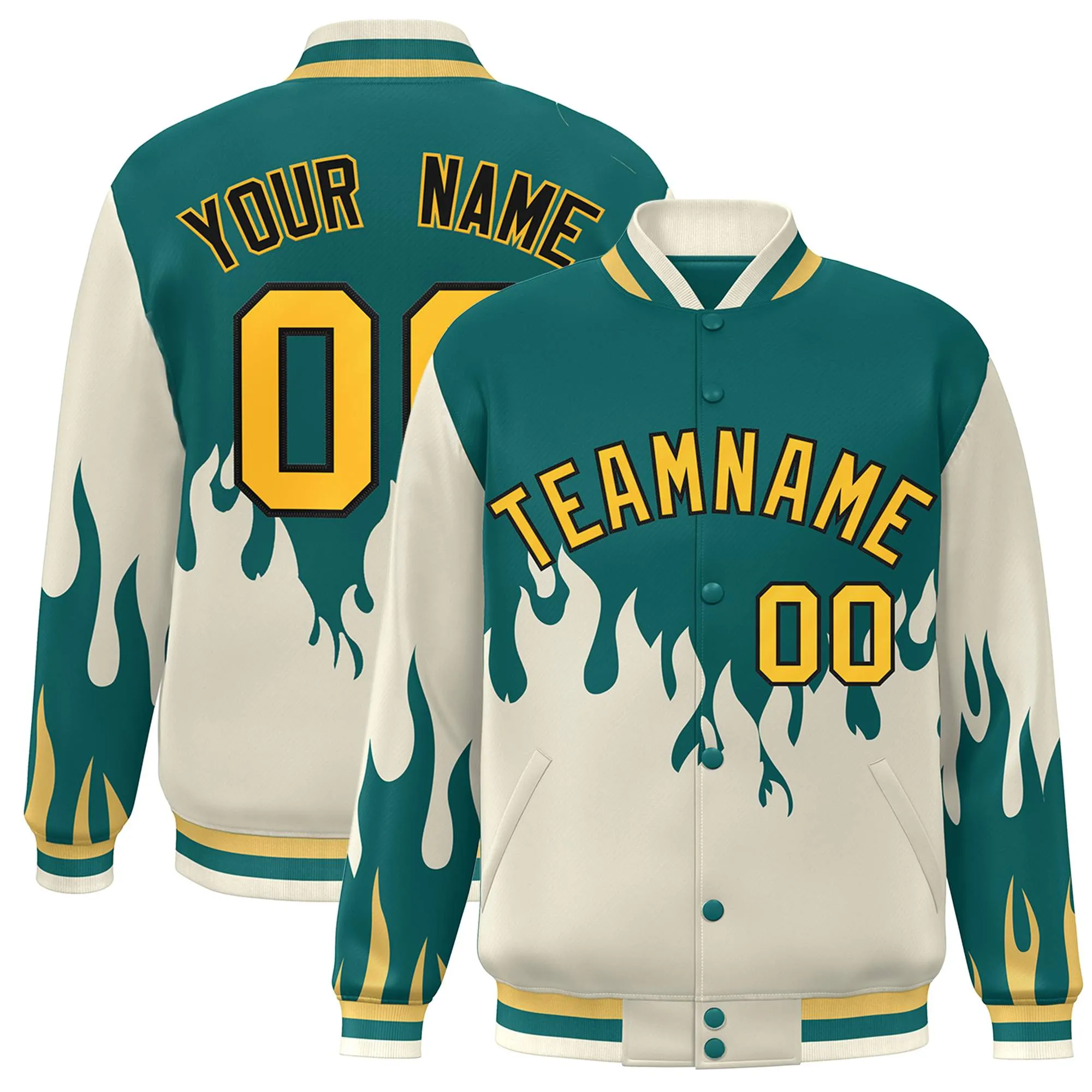 Custom Aqua Cream-Yellow Flame Graffiti Pattern Bomber Varsity Full-Snap Jacket