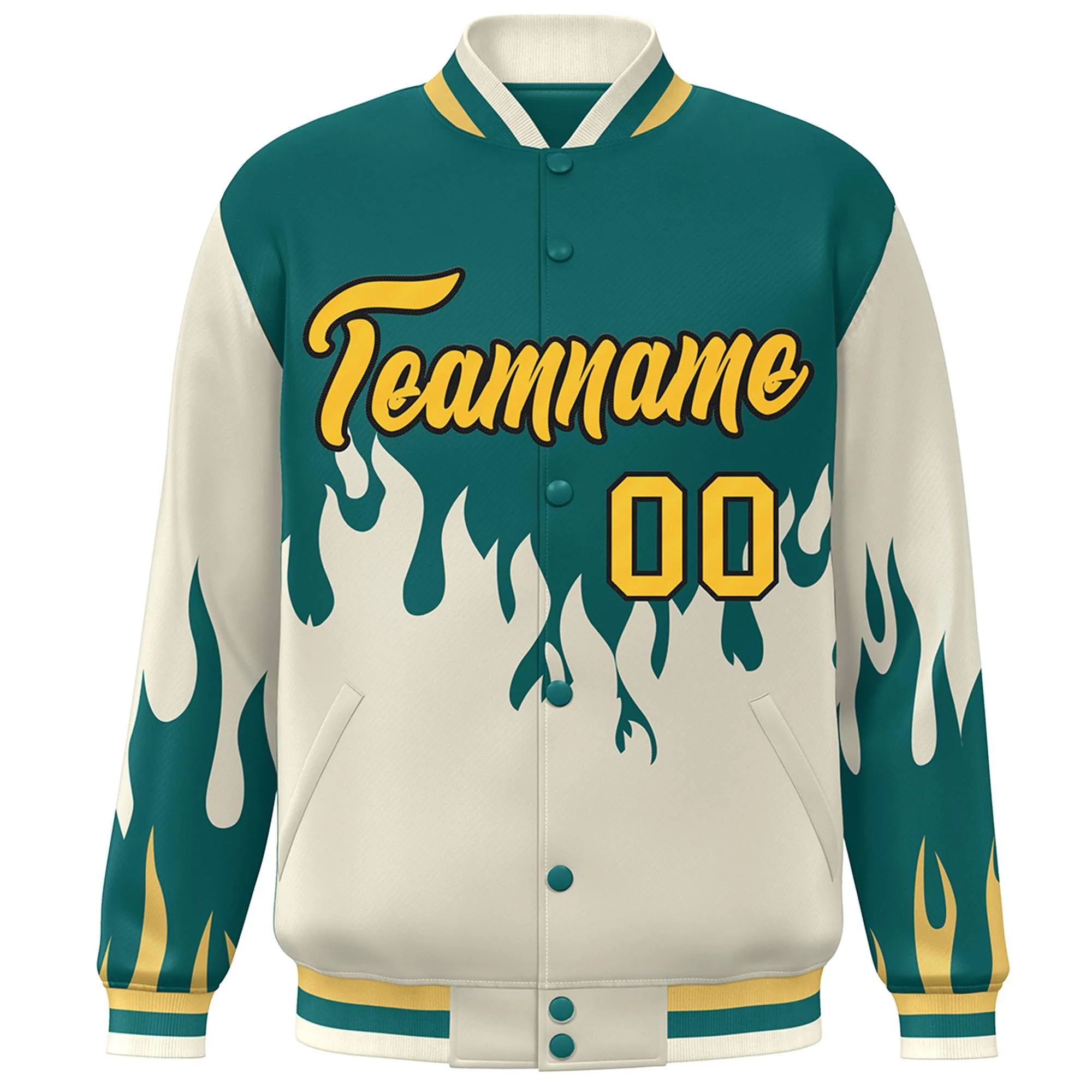 Custom Aqua Cream-Yellow Flame Graffiti Pattern Bomber Varsity Full-Snap Jacket