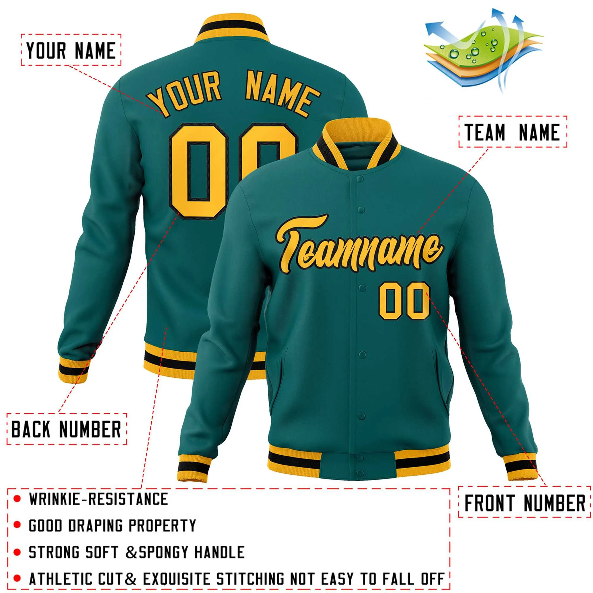 Custom Aqua Gold-Black Classic Style Varsity Full-Snap Letterman Jacket