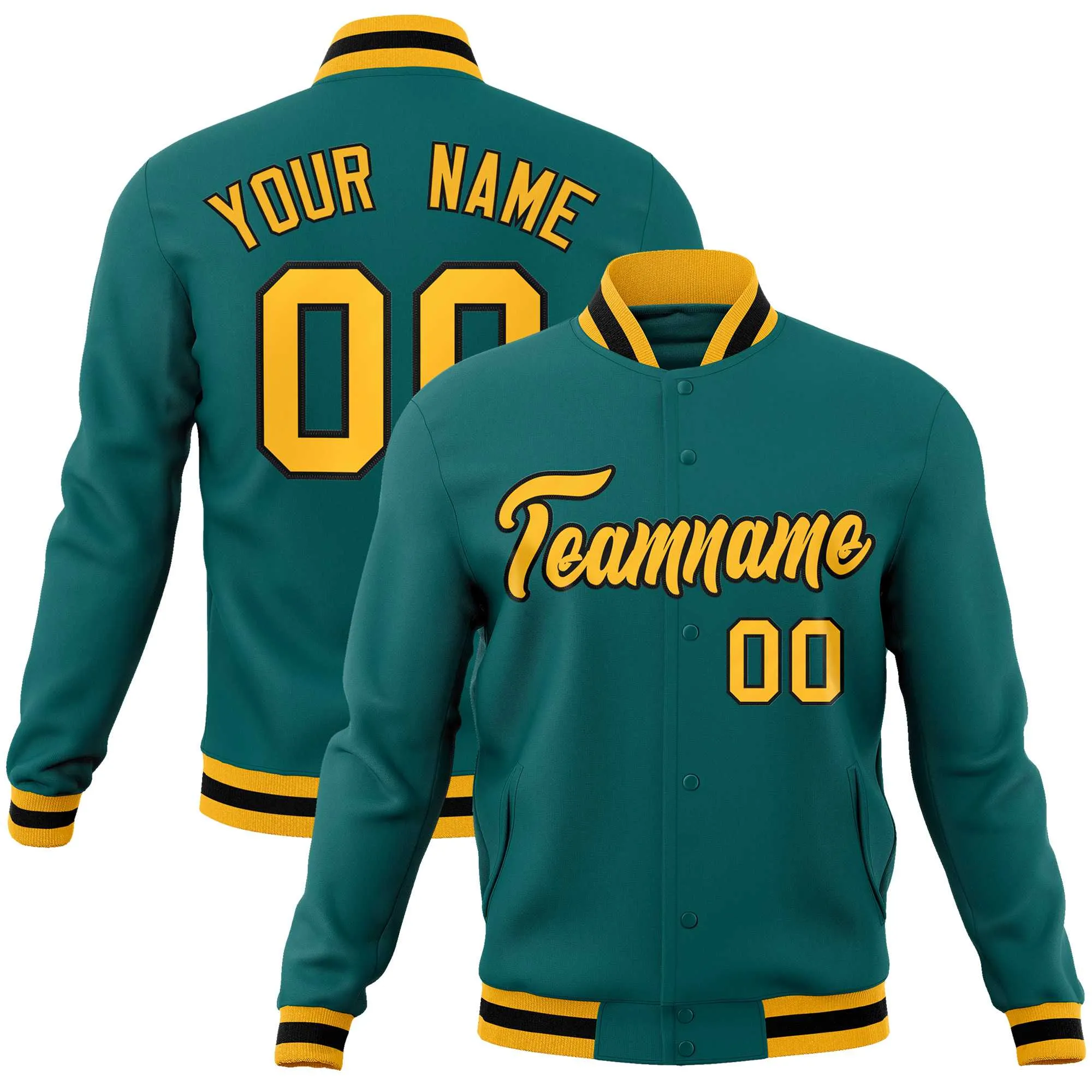 Custom Aqua Gold-Black Classic Style Varsity Full-Snap Letterman Jacket