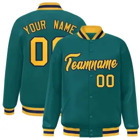 Custom Aqua Gold-Navy Classic Style Varsity Full-Snap Letterman Jacket