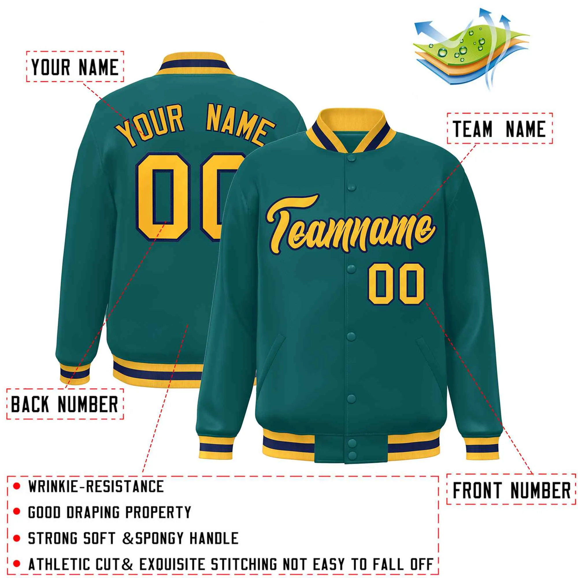 Custom Aqua Gold-Navy Classic Style Varsity Full-Snap Letterman Jacket