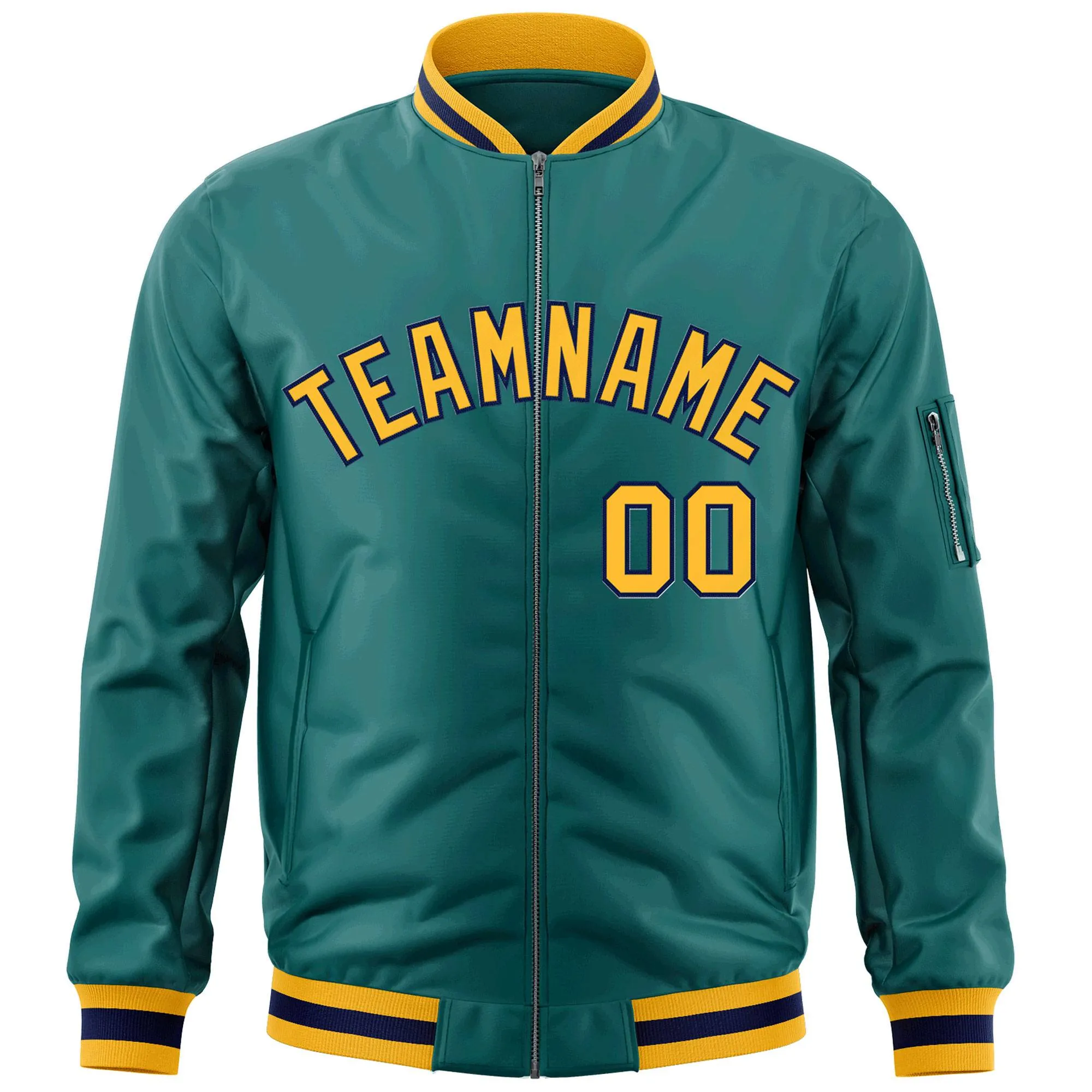 Custom Aqua Gold-Navy Varsity Full-Zip Letterman Bomber Jacket