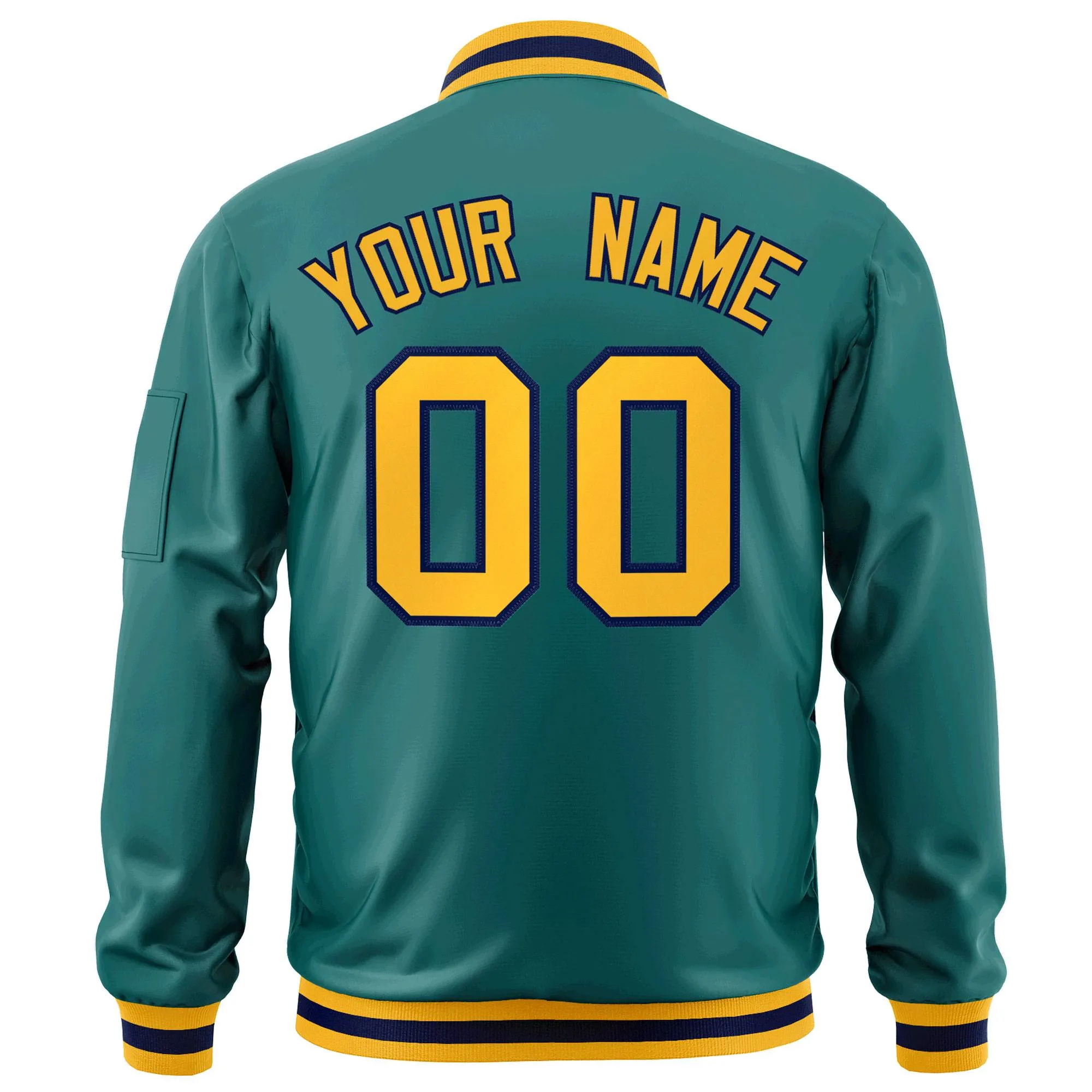 Custom Aqua Gold-Navy Varsity Full-Zip Letterman Bomber Jacket