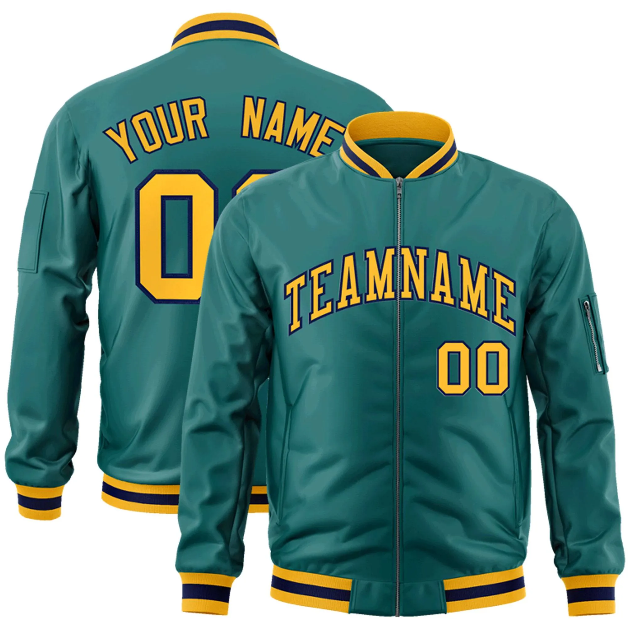 Custom Aqua Gold-Navy Varsity Full-Zip Letterman Bomber Jacket