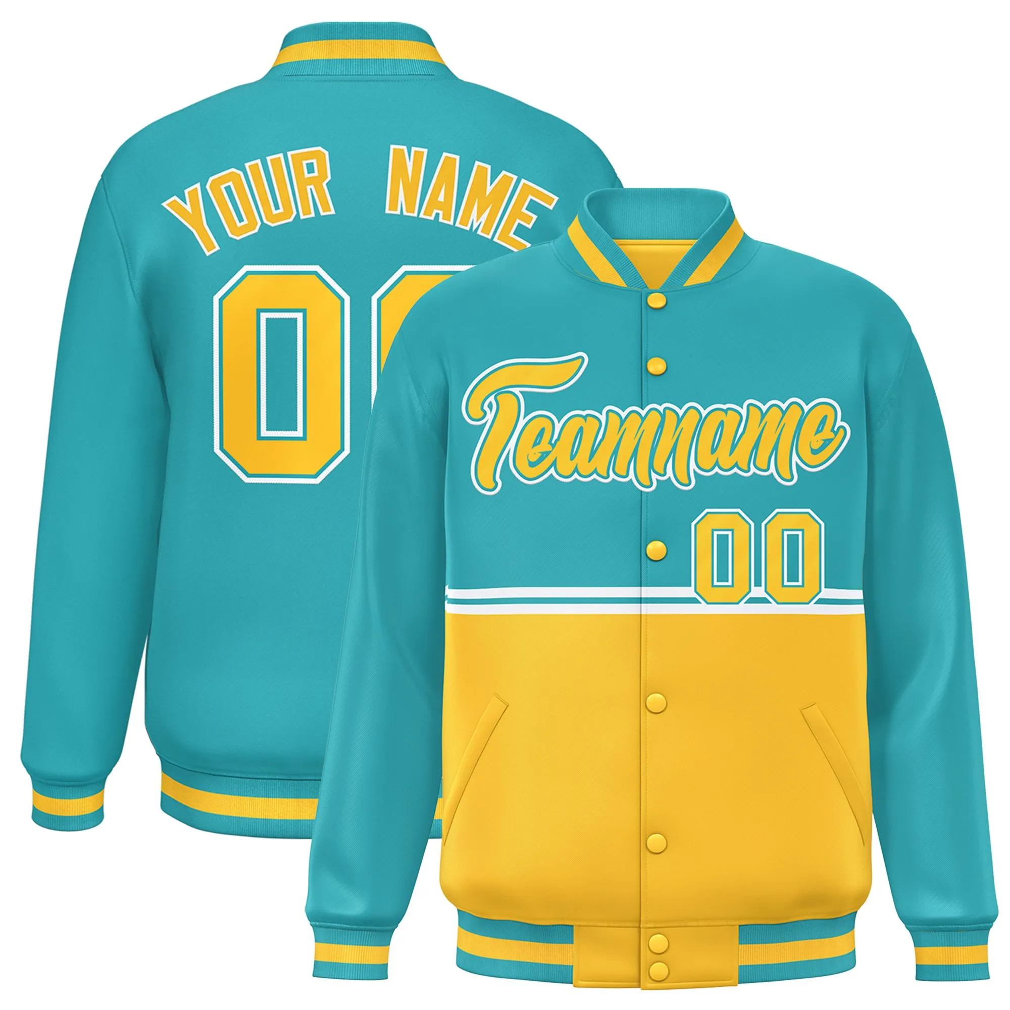 Custom Aqua Gold Varsity Full-Snap Color Block Letterman Jacket