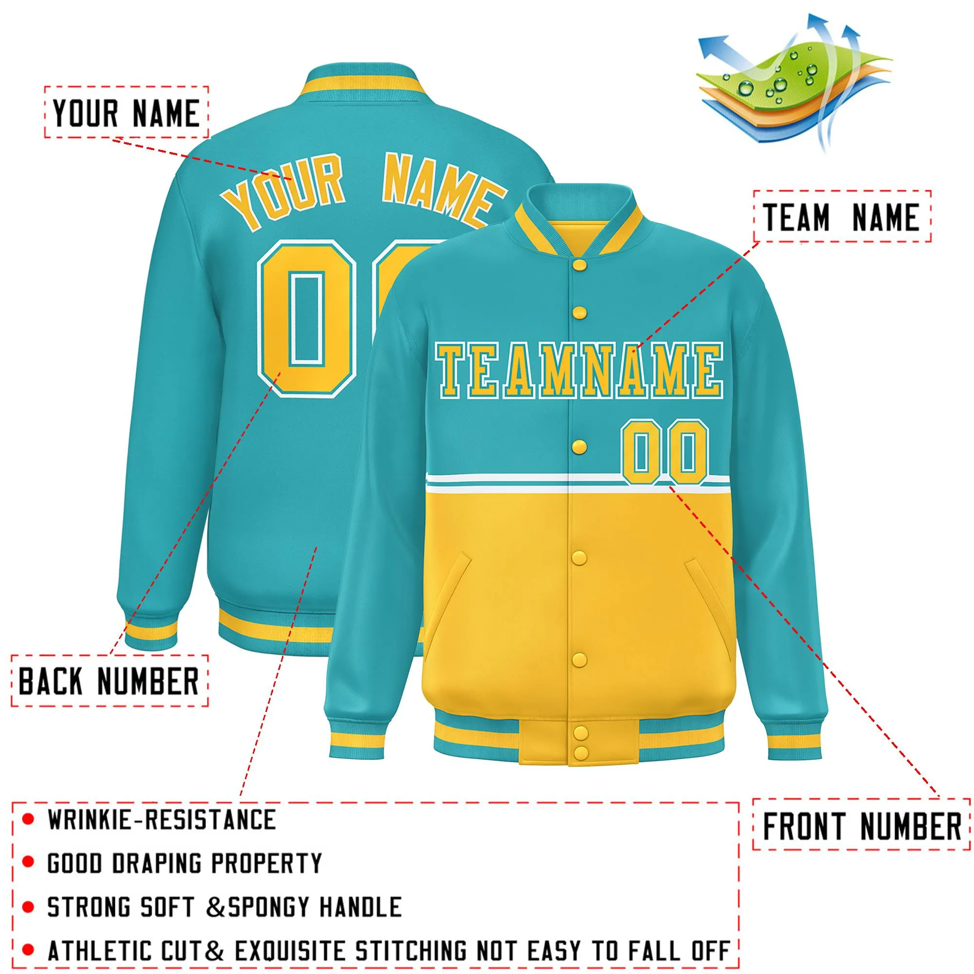 Custom Aqua Gold Varsity Full-Snap Color Block Letterman Jacket