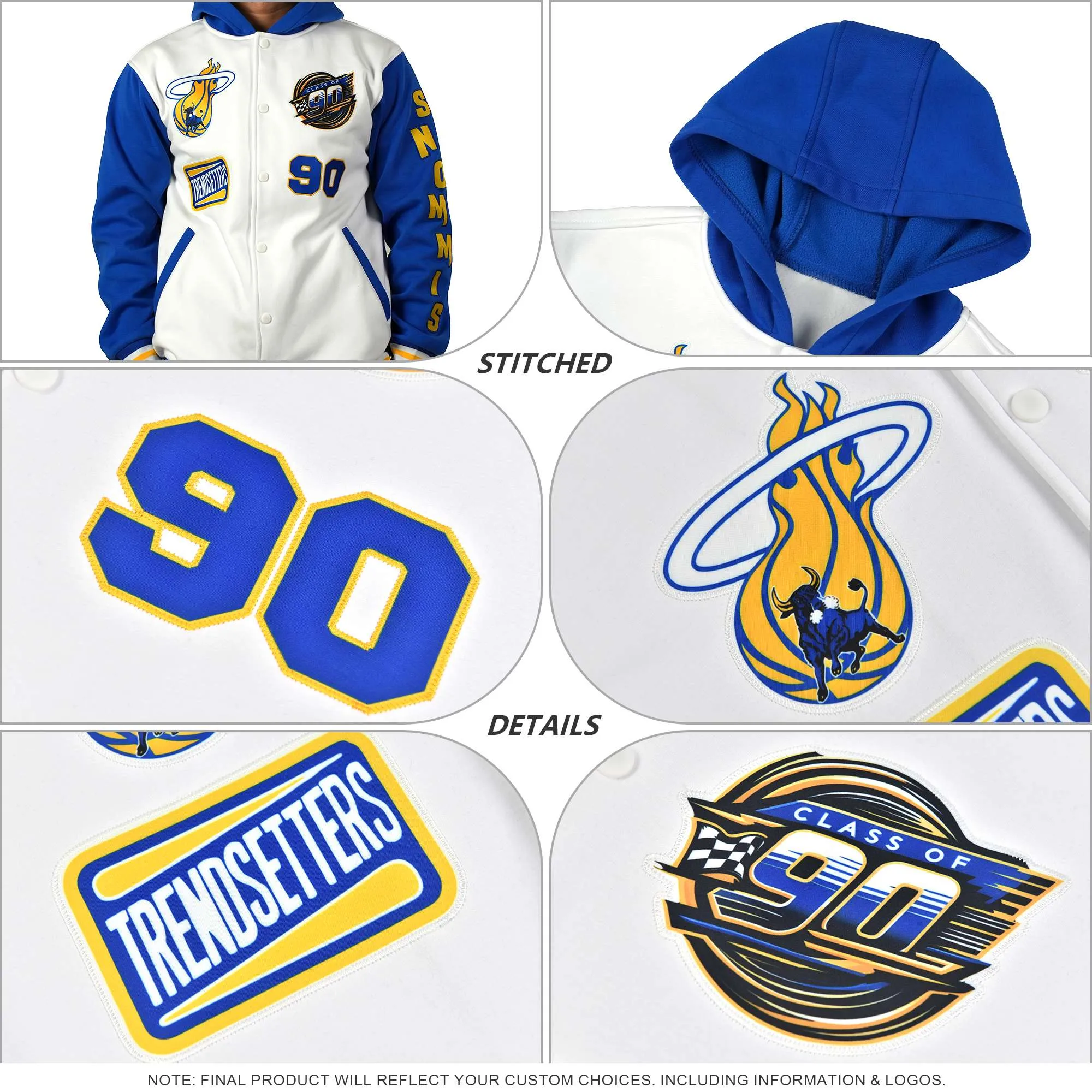 Custom Aqua Gold Varsity Full-Snap Letterman Shoulder Color Block Hoodie Jacket