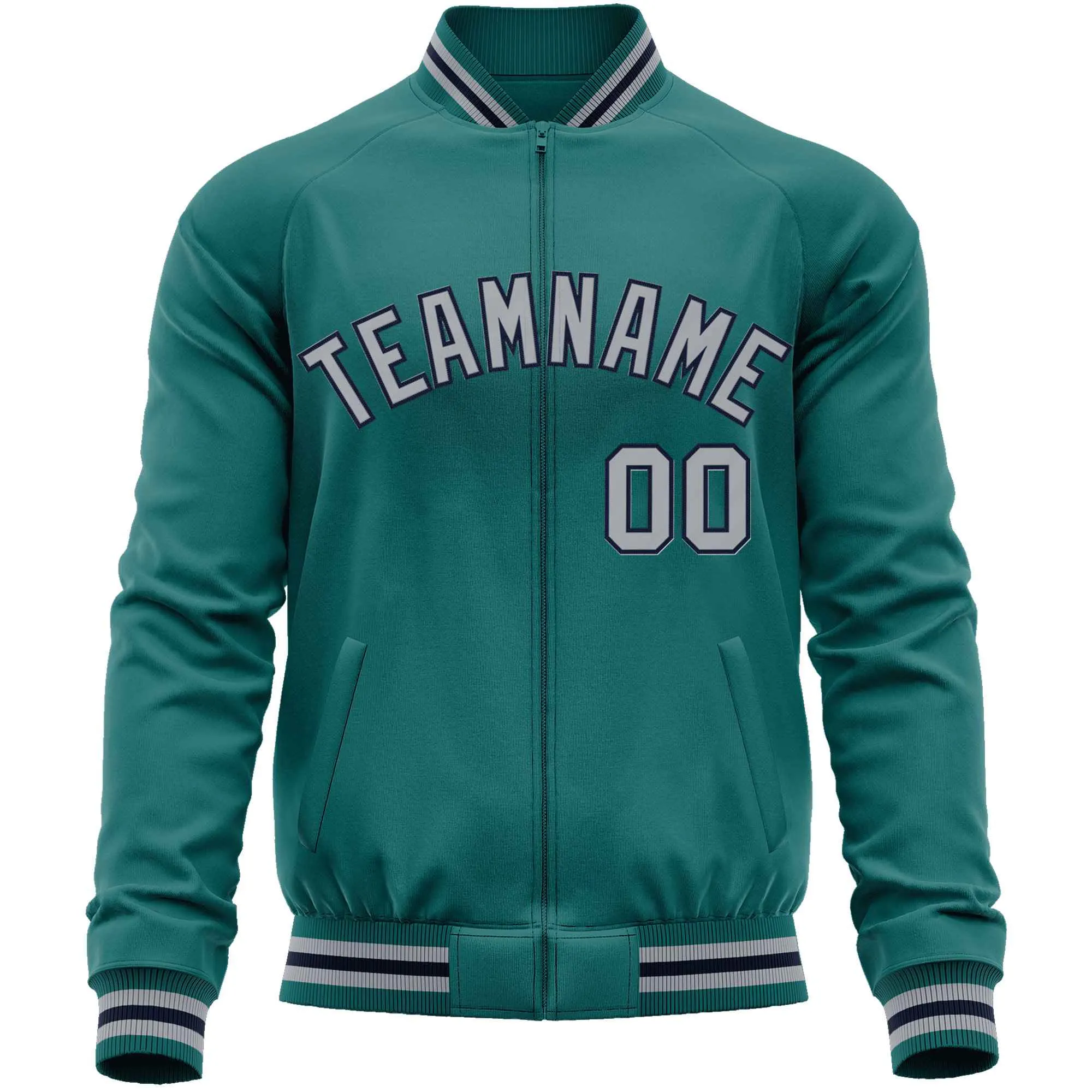 Custom Aqua Gray Classic Style Varsity Full-Zip Letterman Baseball Jacket