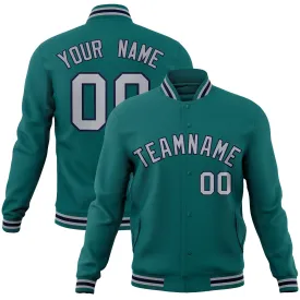 Custom Aqua Gray-Navy Classic Style Varsity Full-Snap Letterman Jacket