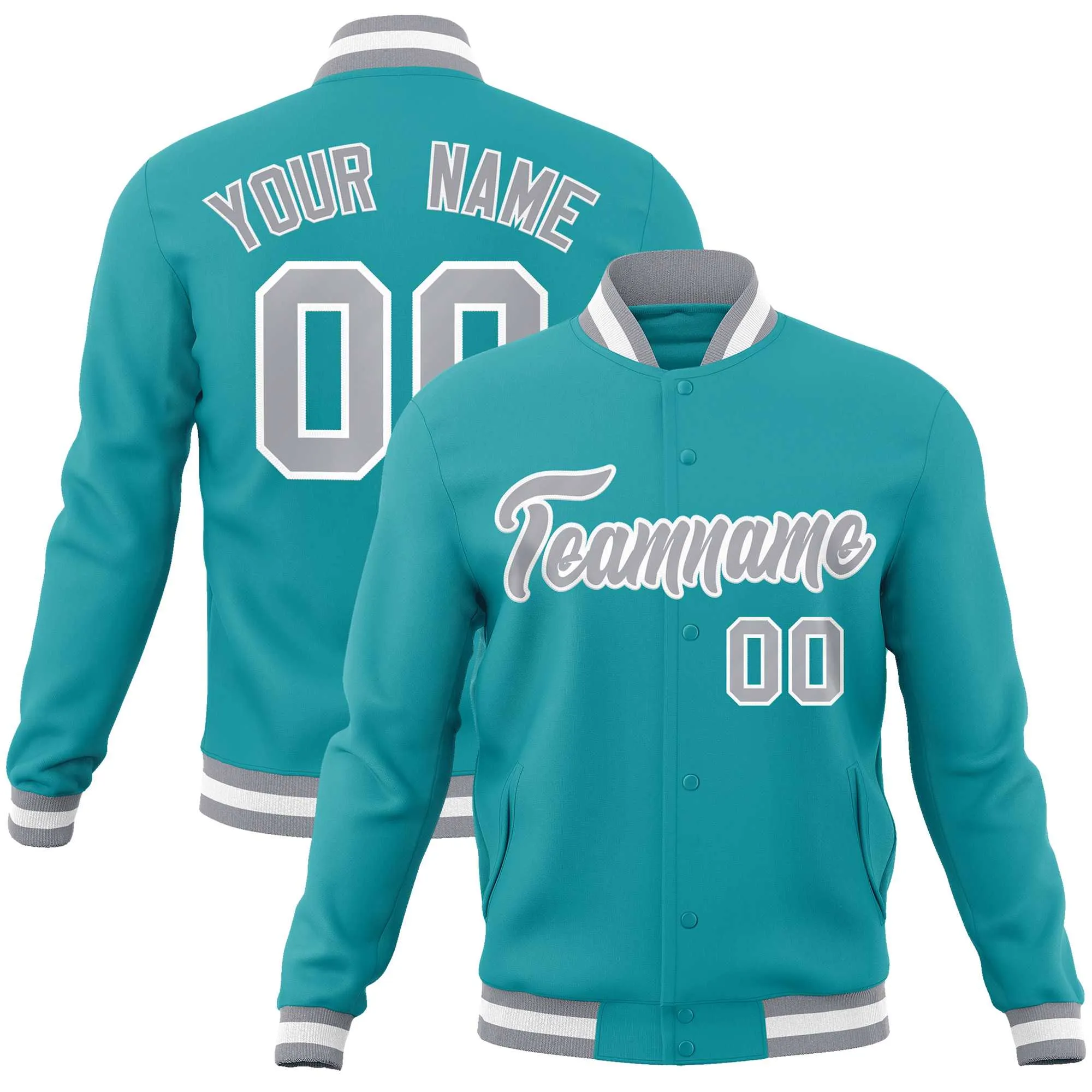 Custom Aqua Gray-White Classic Style Varsity Full-Snap Letterman Jacket