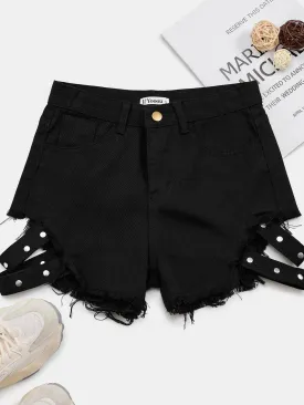 Cut Out Raw Hem High Waist Denim Shorts