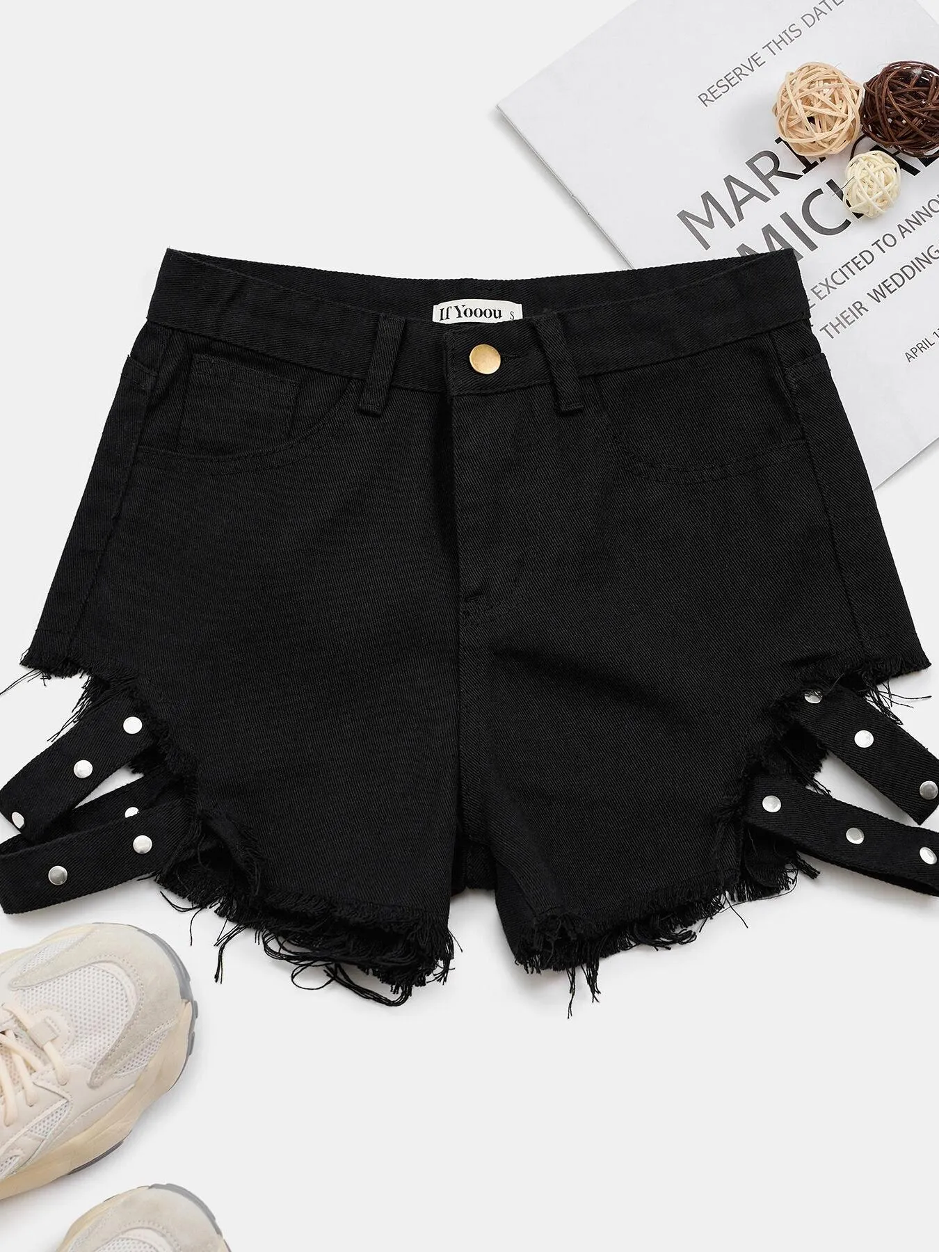 Cut Out Raw Hem High Waist Denim Shorts