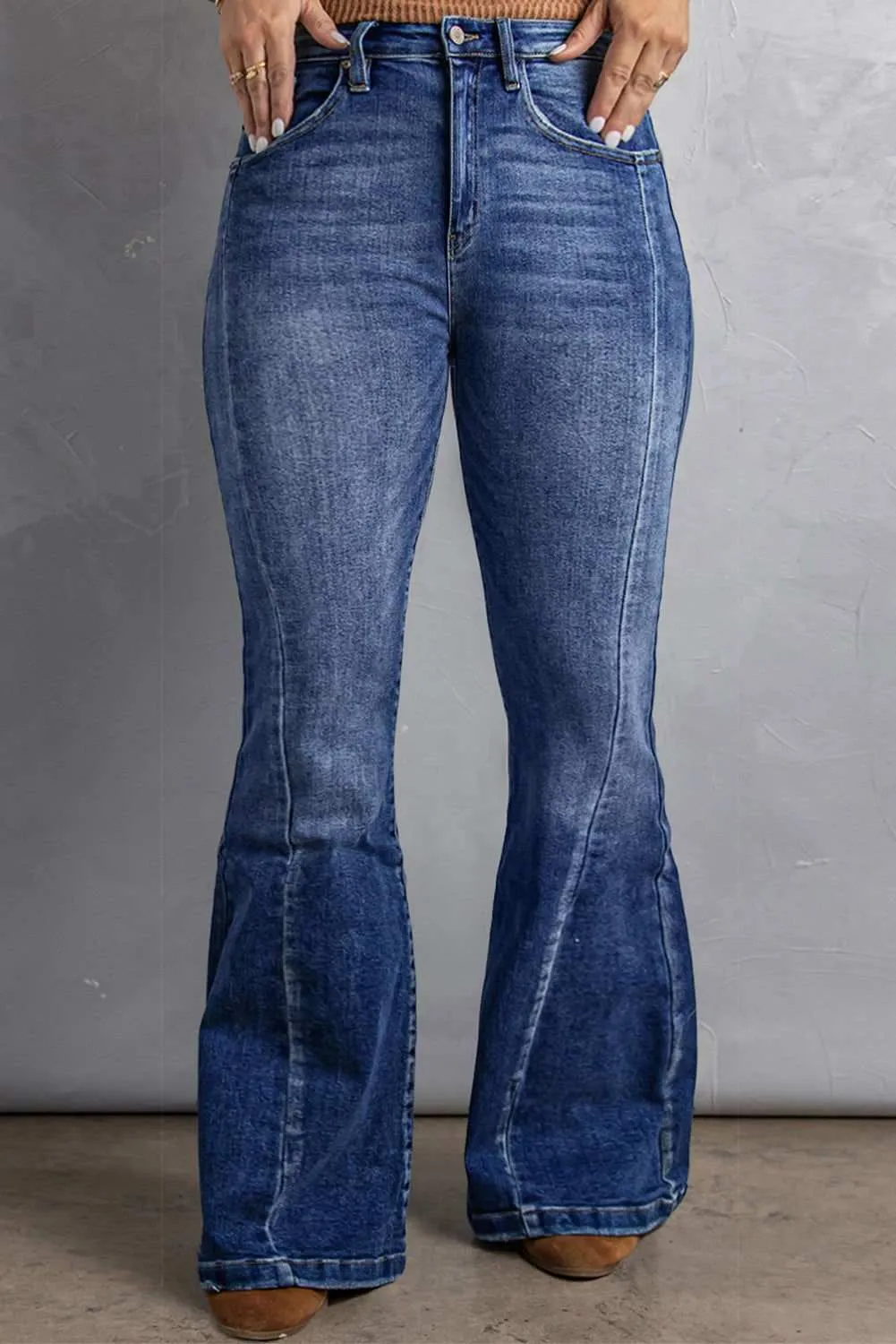 Dark Blue Plus Size Stitching Washed Flare Jeans - Stylish & Chic