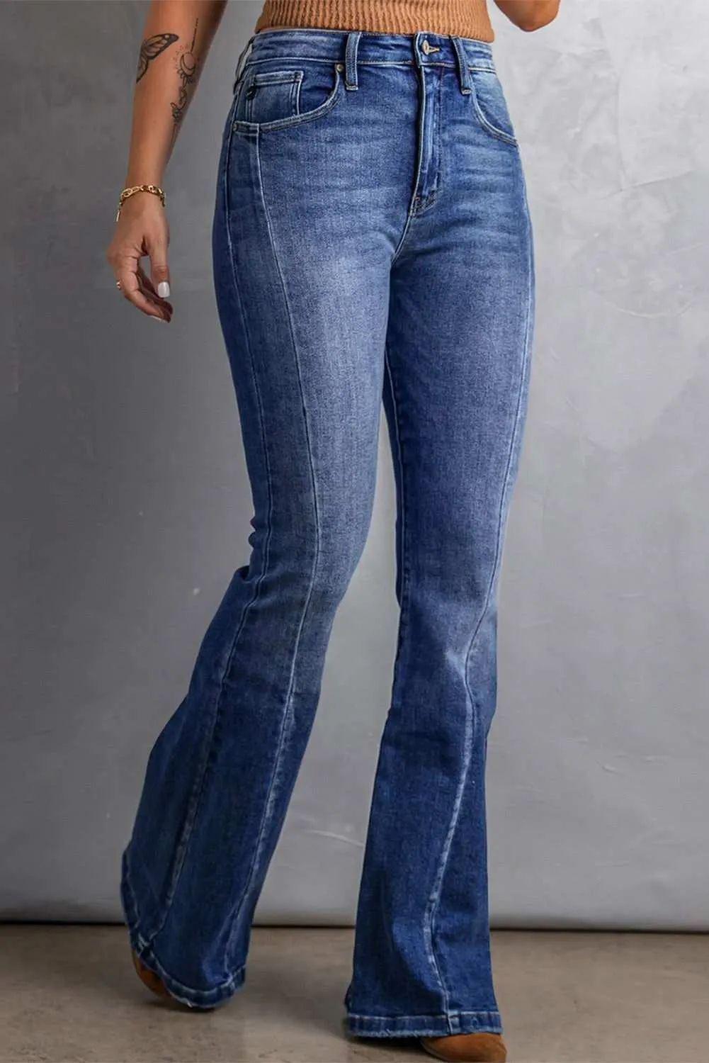 Dark Blue Plus Size Stitching Washed Flare Jeans - Stylish & Chic