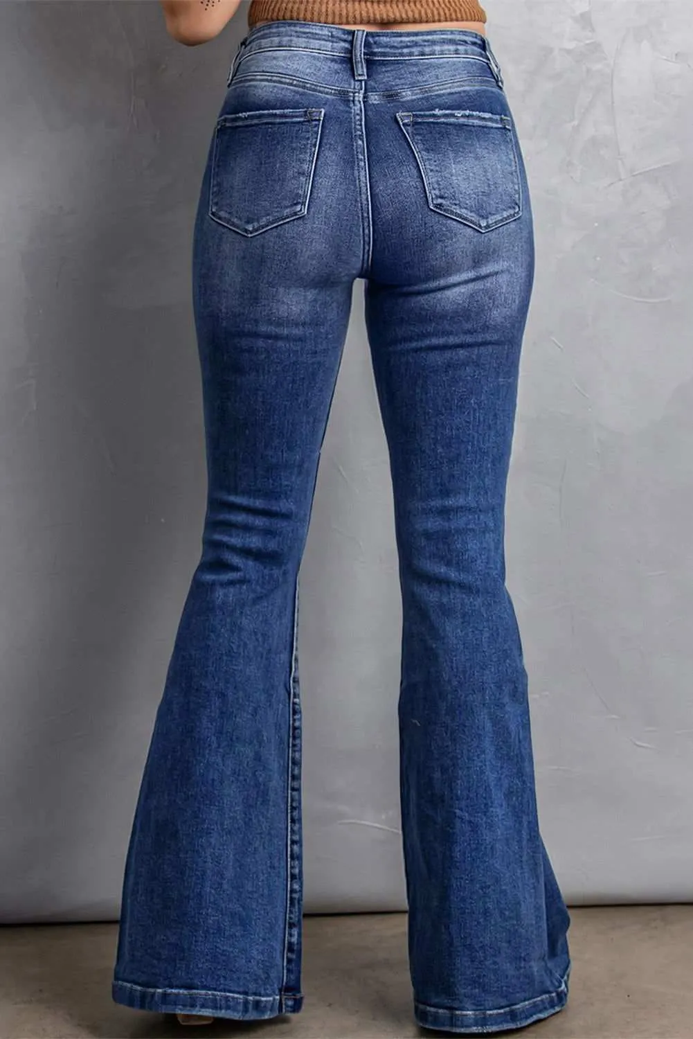 Dark Blue Plus Size Stitching Washed Flare Jeans - Stylish & Chic