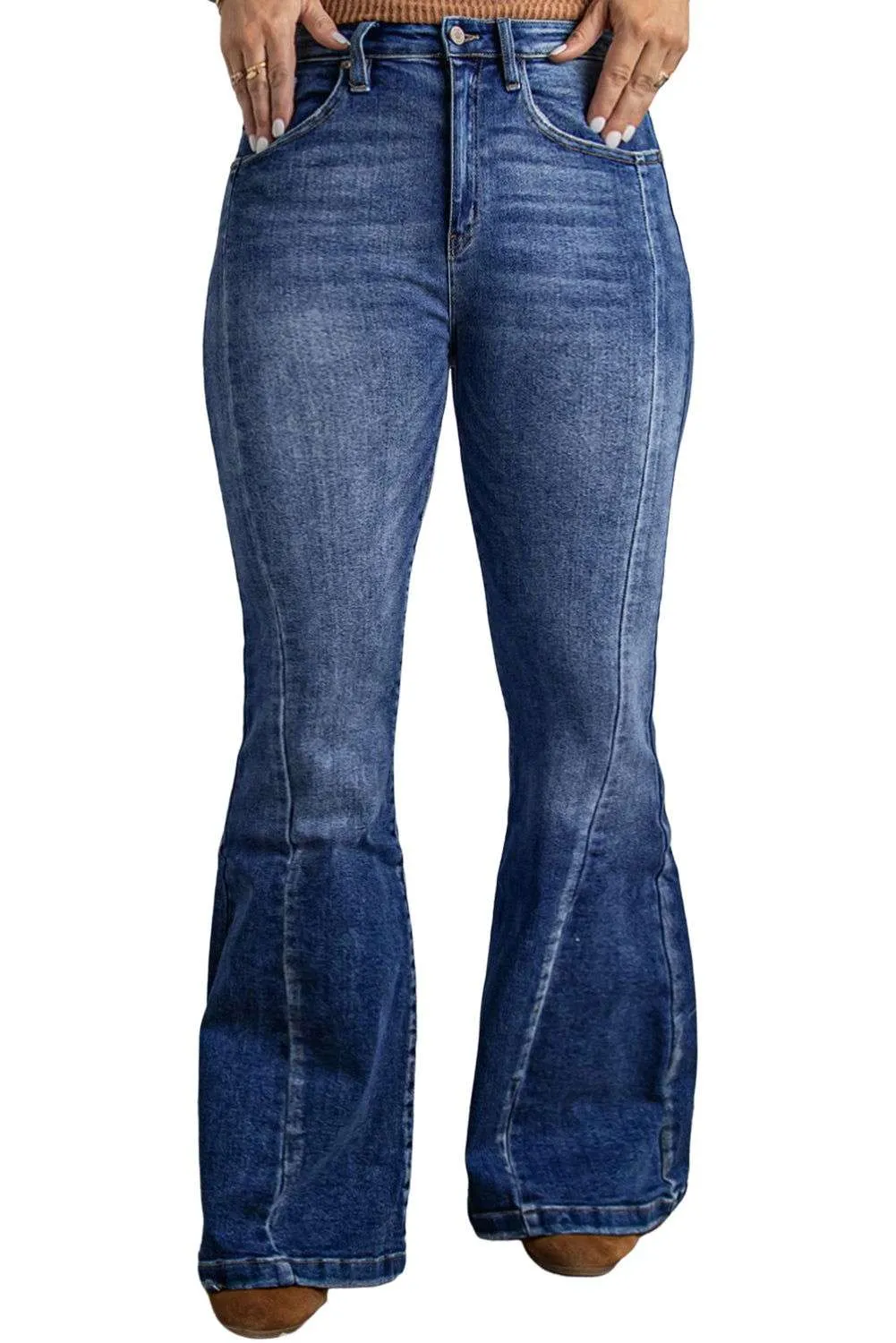 Dark Blue Plus Size Stitching Washed Flare Jeans - Stylish & Chic