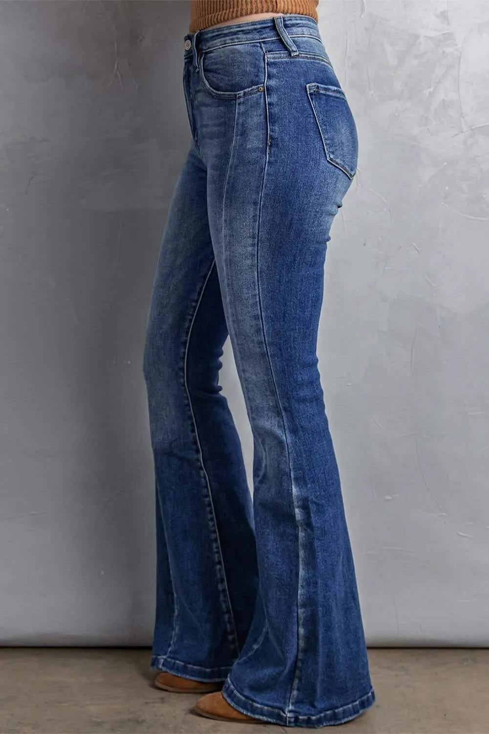 Dark Blue Plus Size Stitching Washed Flare Jeans - Stylish & Chic