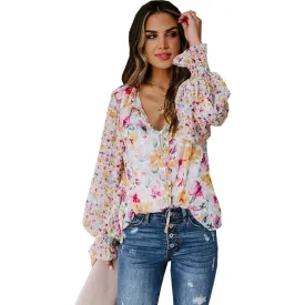 DEEP V FLORAL LANTERN SLEEVE BLOUSE_CWTBLL0788