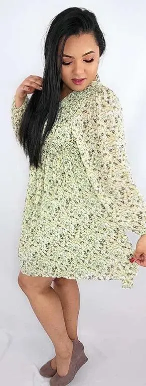 Ditsy Floral Mini Dress Long Sleeves