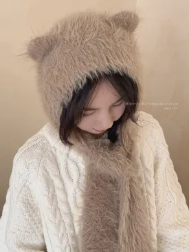 [Faux Fur] Baby Bear Ear Shaped Beanie And Scarf