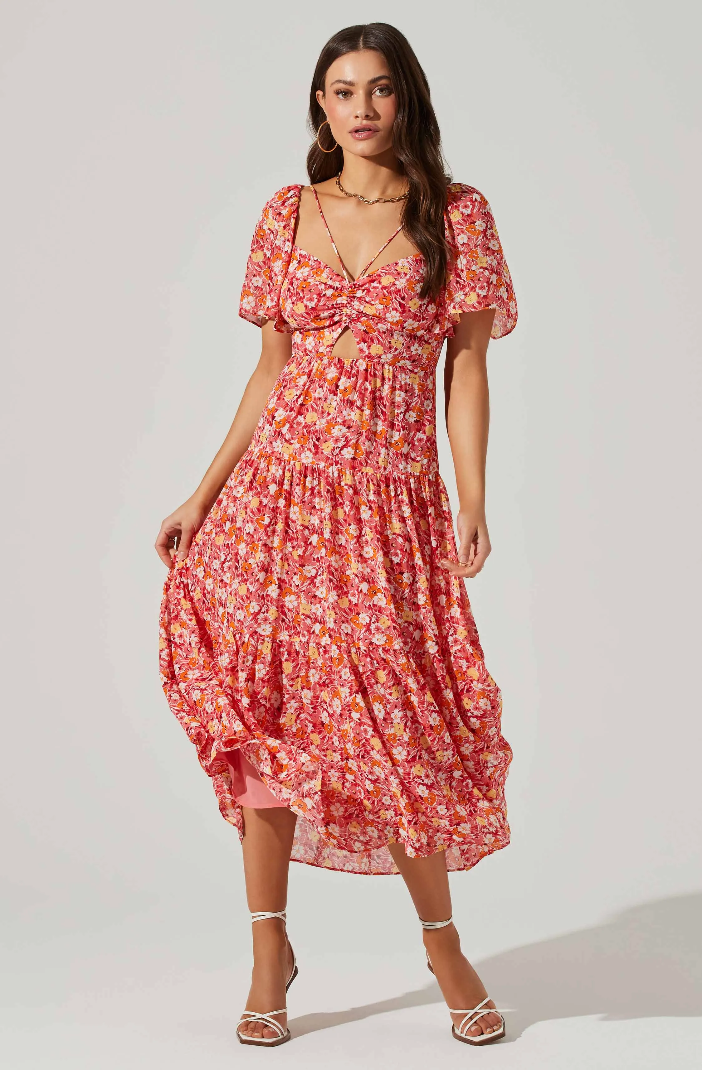 Floral Cinched Bust Cutout Center Midi Dress