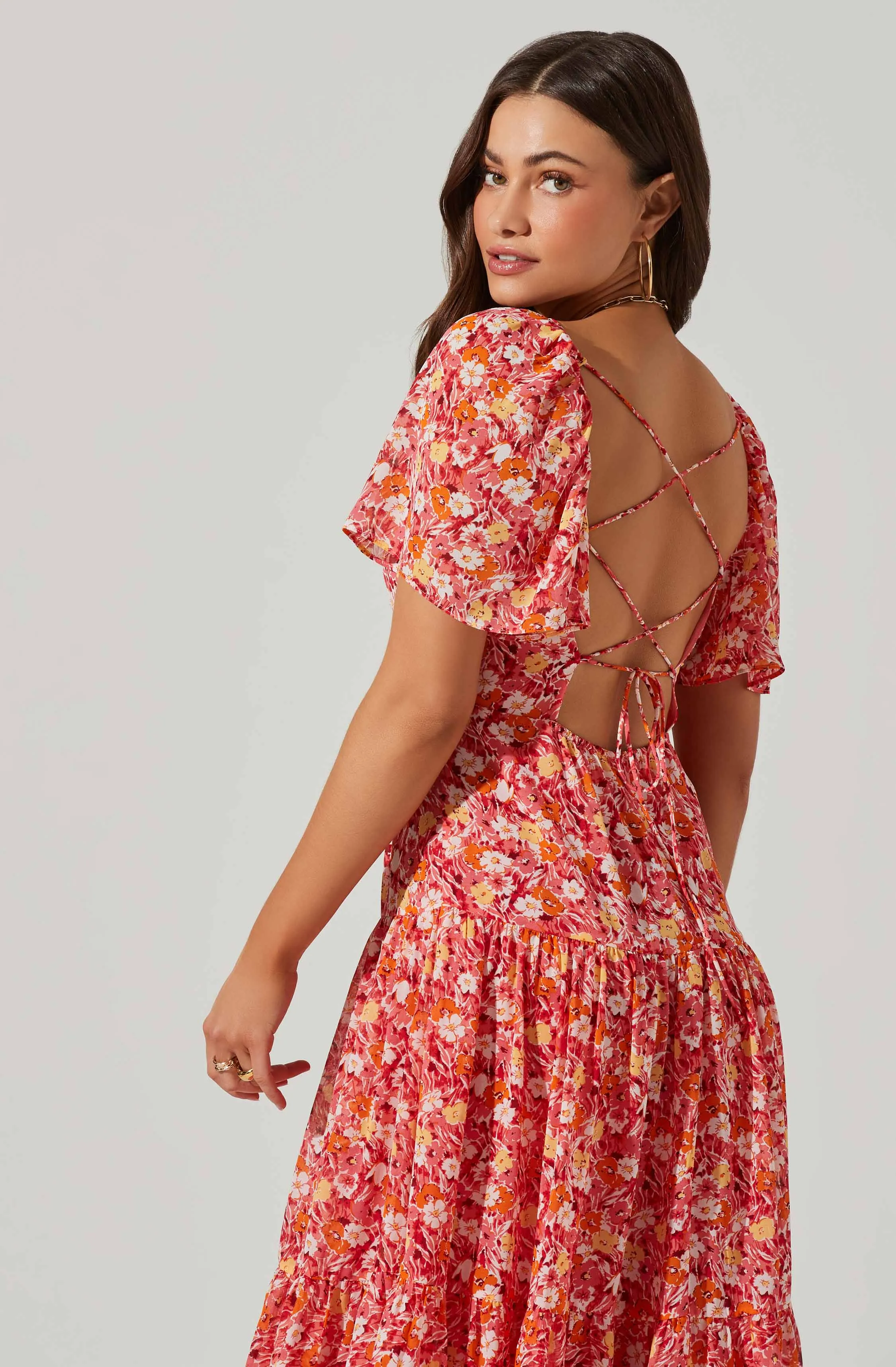 Floral Cinched Bust Cutout Center Midi Dress