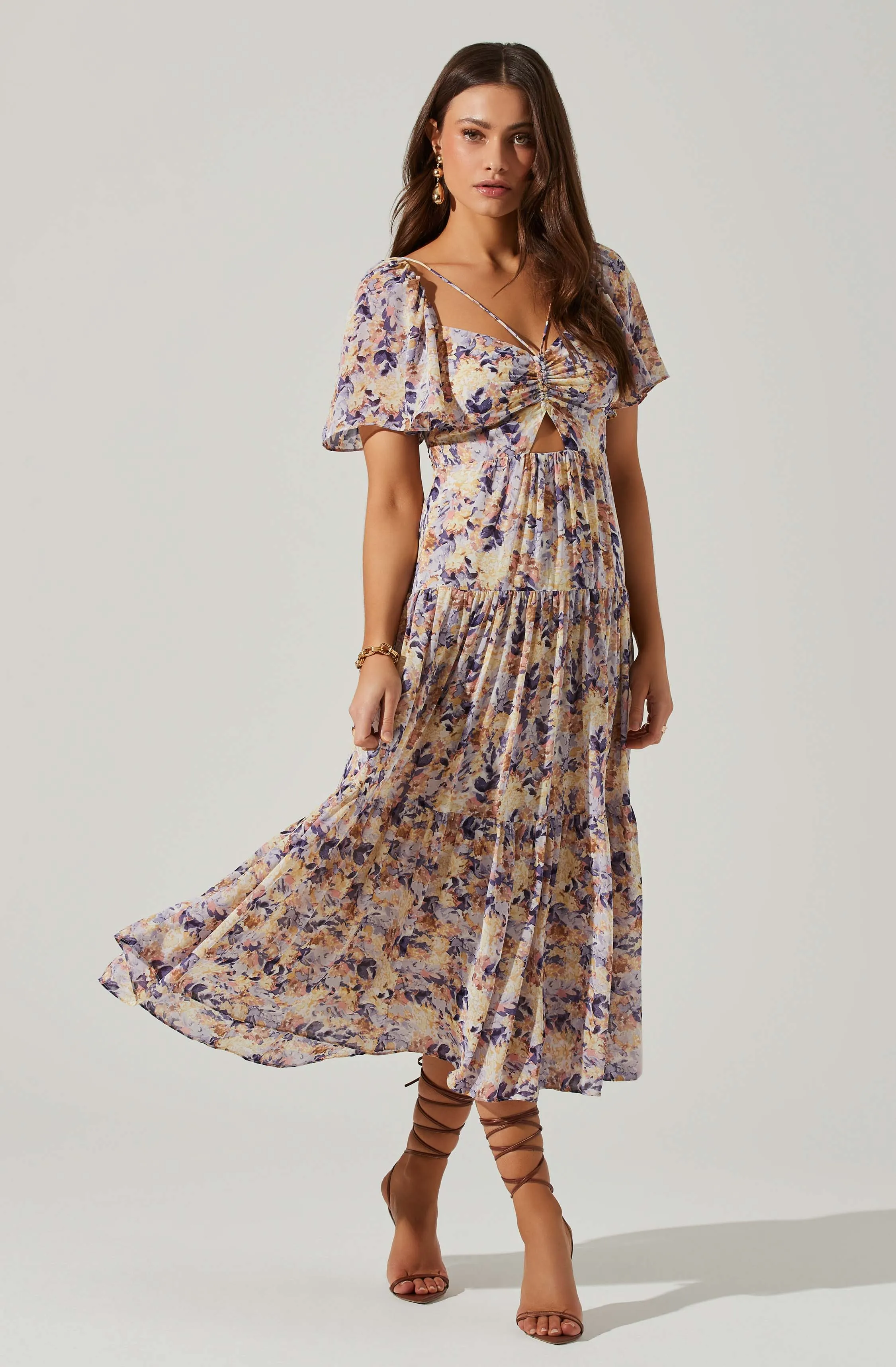 Floral Cinched Bust Cutout Center Midi Dress