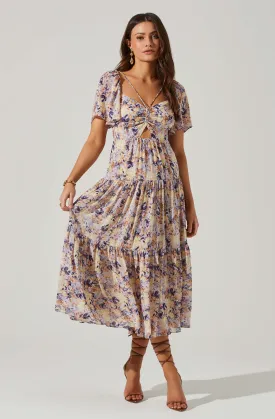 Floral Cinched Bust Cutout Center Midi Dress