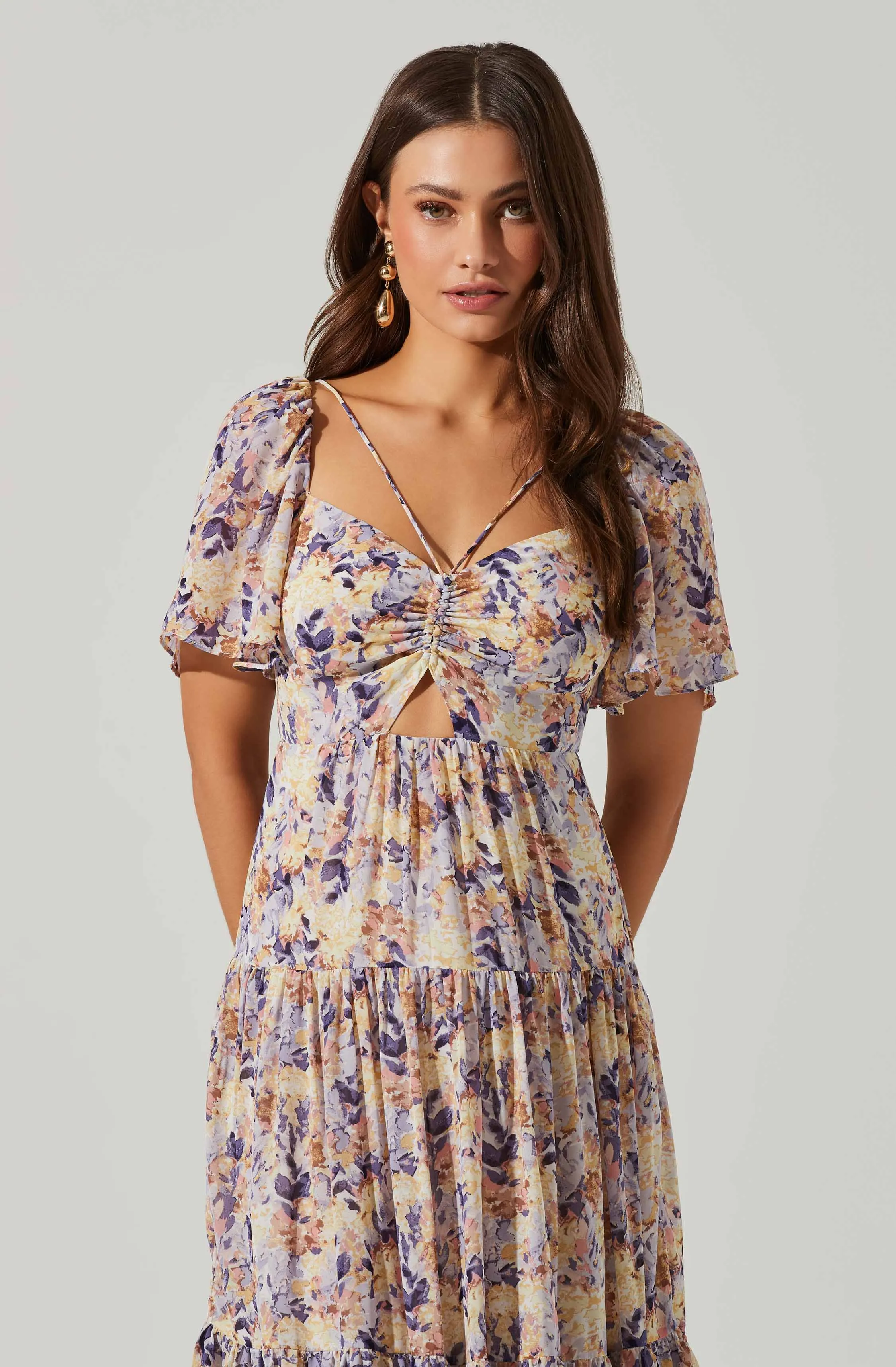 Floral Cinched Bust Cutout Center Midi Dress